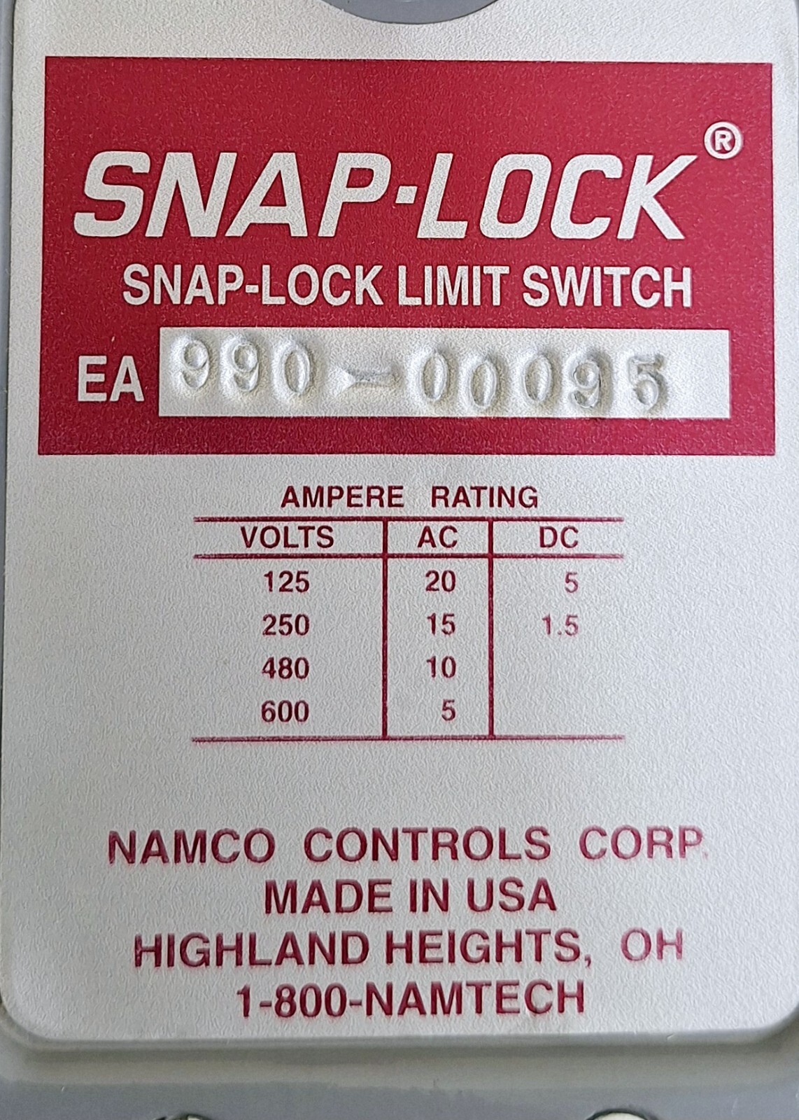 Namco Controls EA990-00095 Snap-Lock Limit Switch