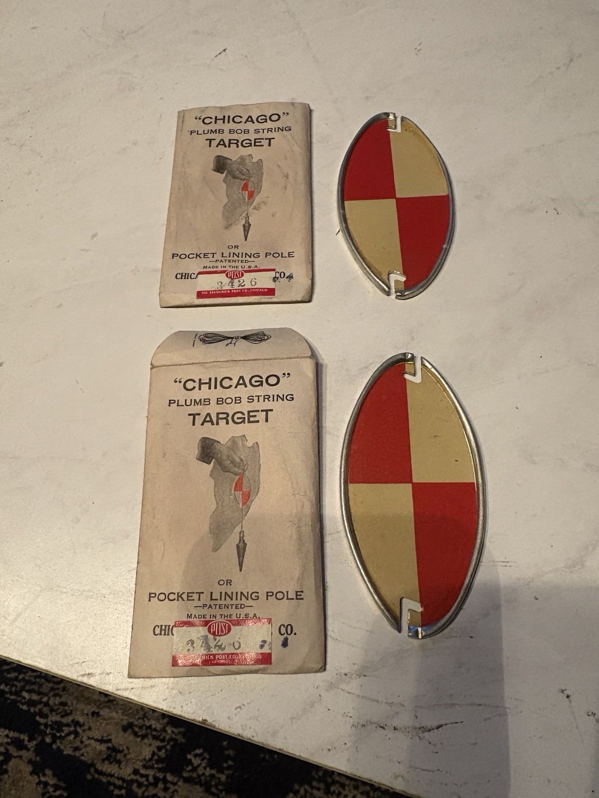 TWO Surveyor’s Chicago Steel Tape Co Plumb Bob String Target Pocket Lining Pole