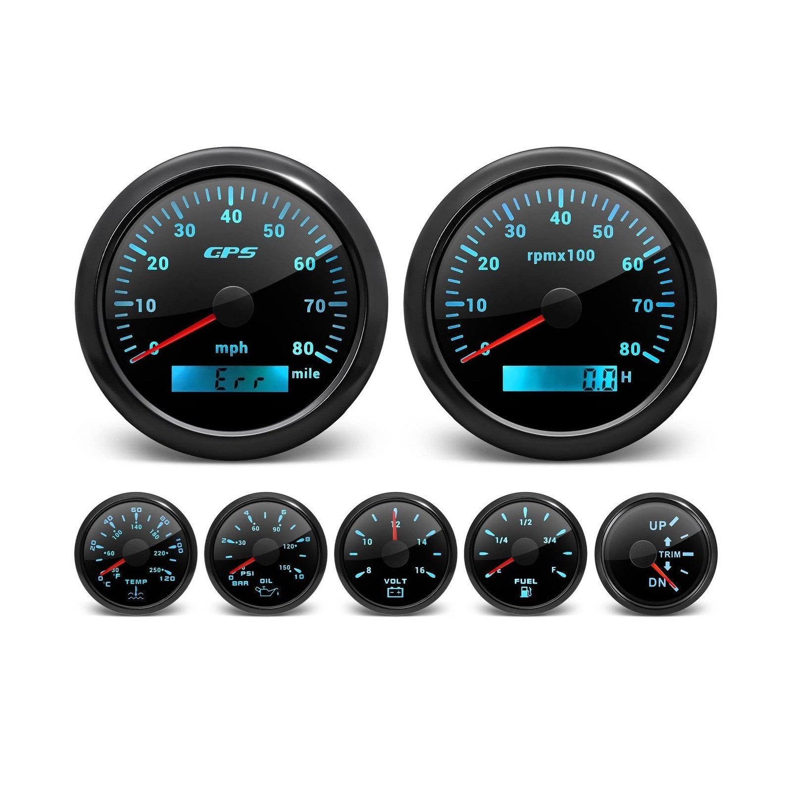 7 Gauge Set w/ GPS Speedometer, Tachometer – Marine Boat Gauge Black