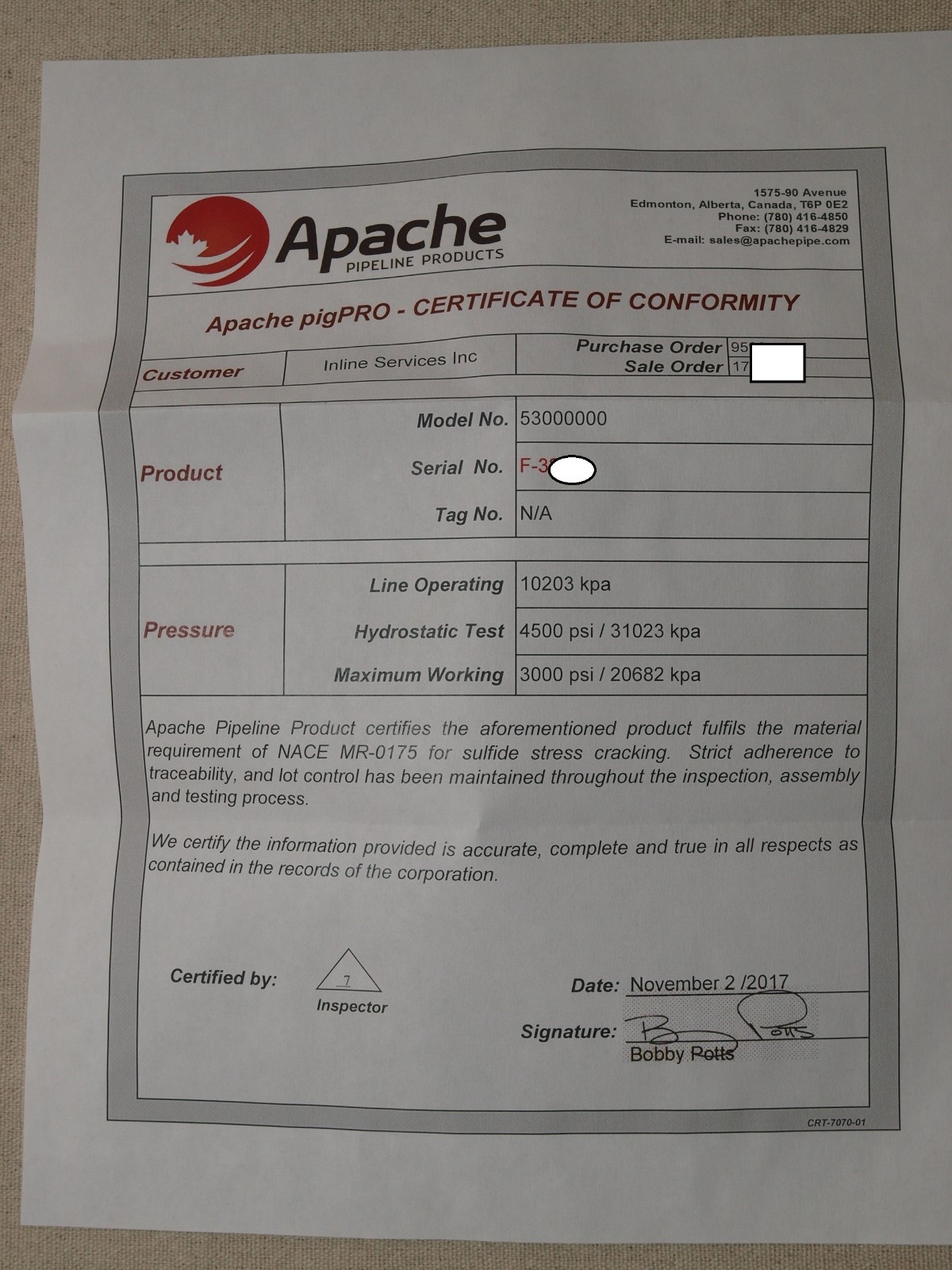 Apache 53000000 pigPro 53 Passage Indicator set at 1480psi – Honeywell LSXYDB4L