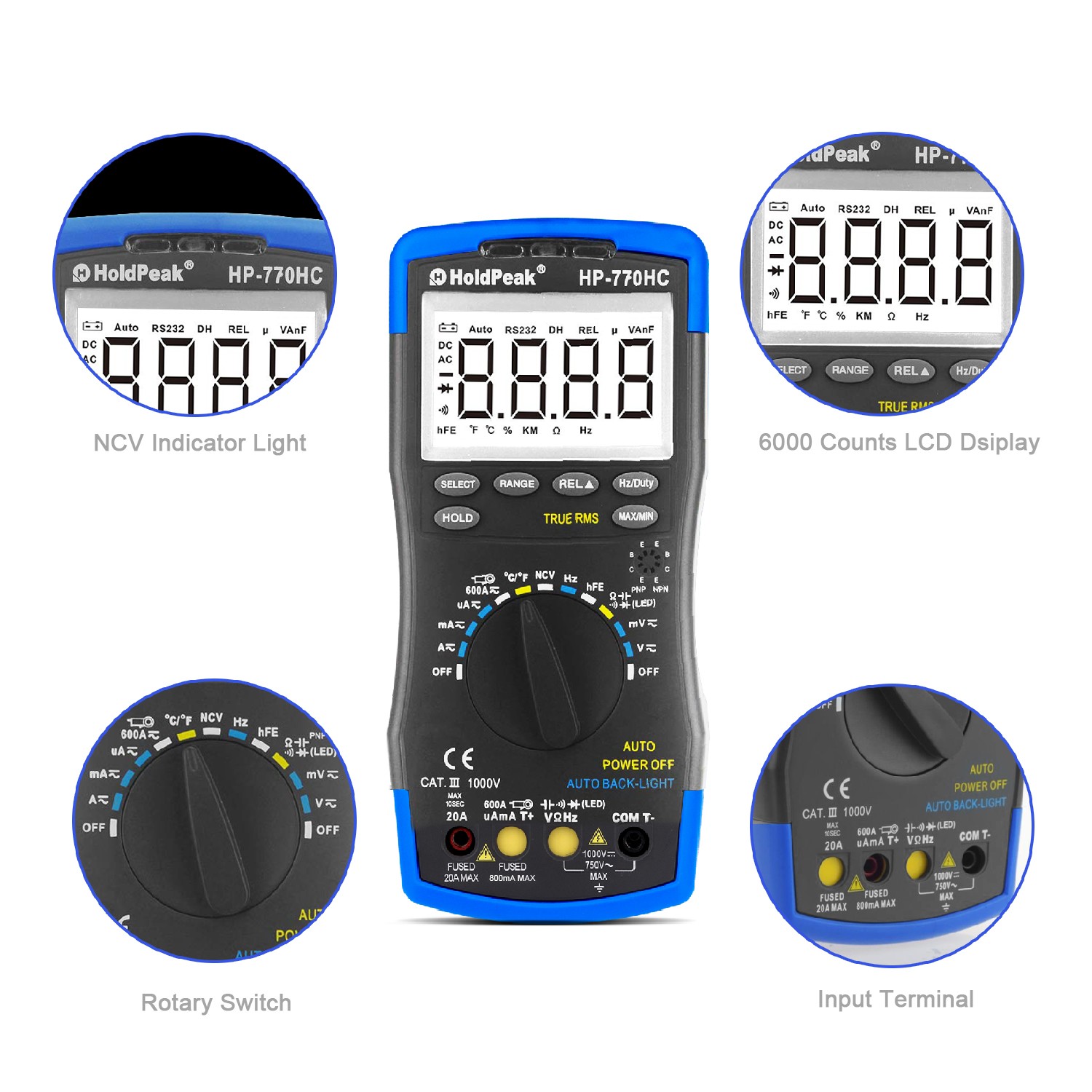 Digital Multimeter Voltmeter TRMS 6000 Count AC/DC NCV 750V/1000V 20A Ohm Tester