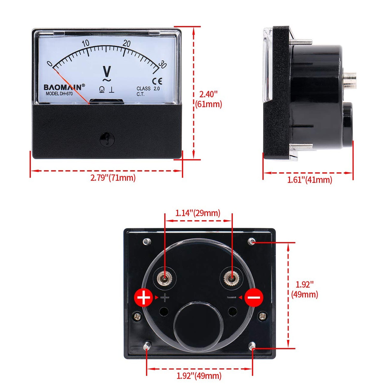 Baomain Voltmeter DH-670 AC 0-30V Rectangular Class 2.5 Analog Panel Volt Vol…