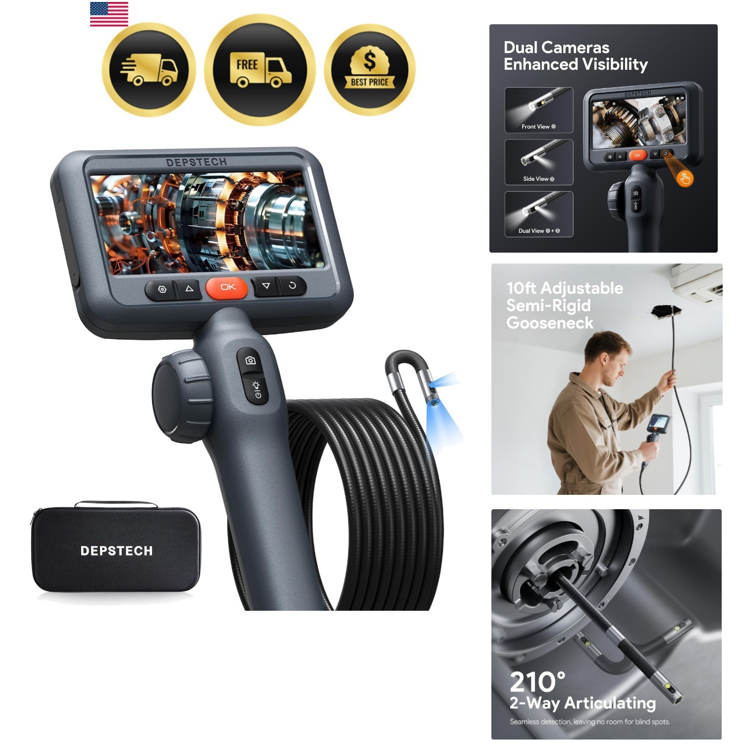 10FT Articulating Endoscope Camera with Light: Dual Lens Two-Way Articulated …