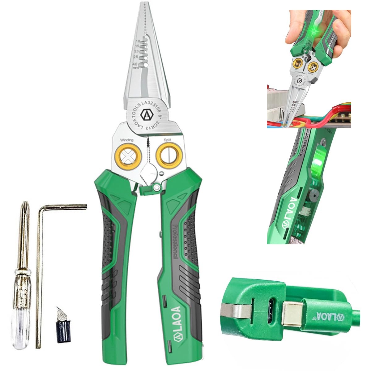 LAOA 8-in-1 Rechargeable Electrician Pliers with Voltage Tester, USB-C Green