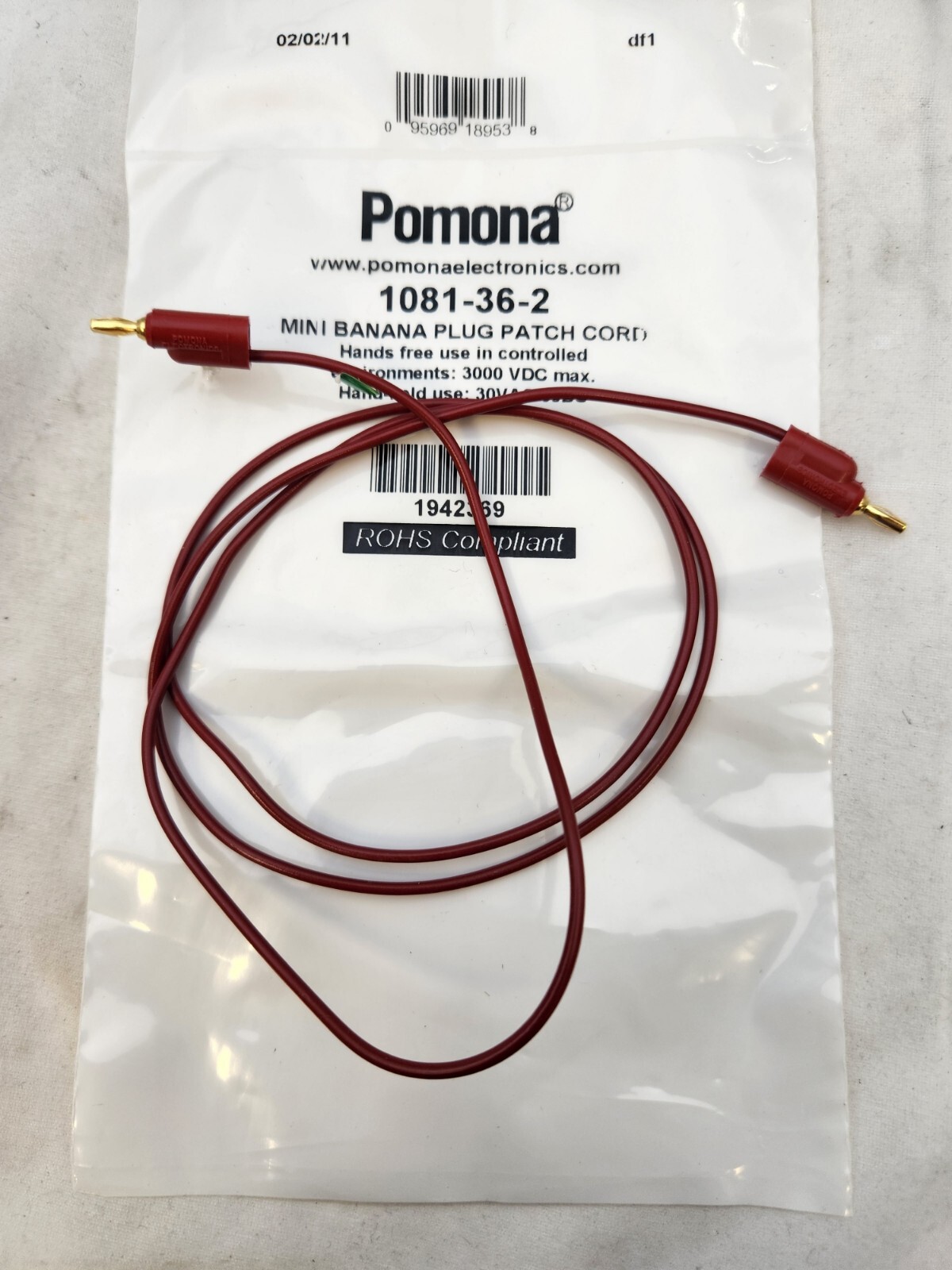 Pomona 1081-36-2 Miniature Banana Plug, Red, 36 In. PATCH CORD