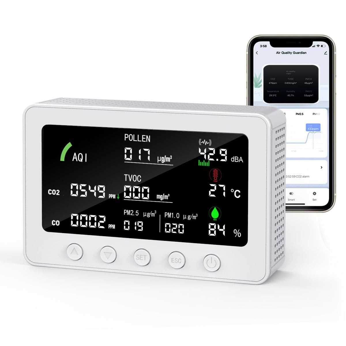 10 in 1 Indoor Air Quality Monitor 7″ Display App CO2 PM2.5 for Home & Office