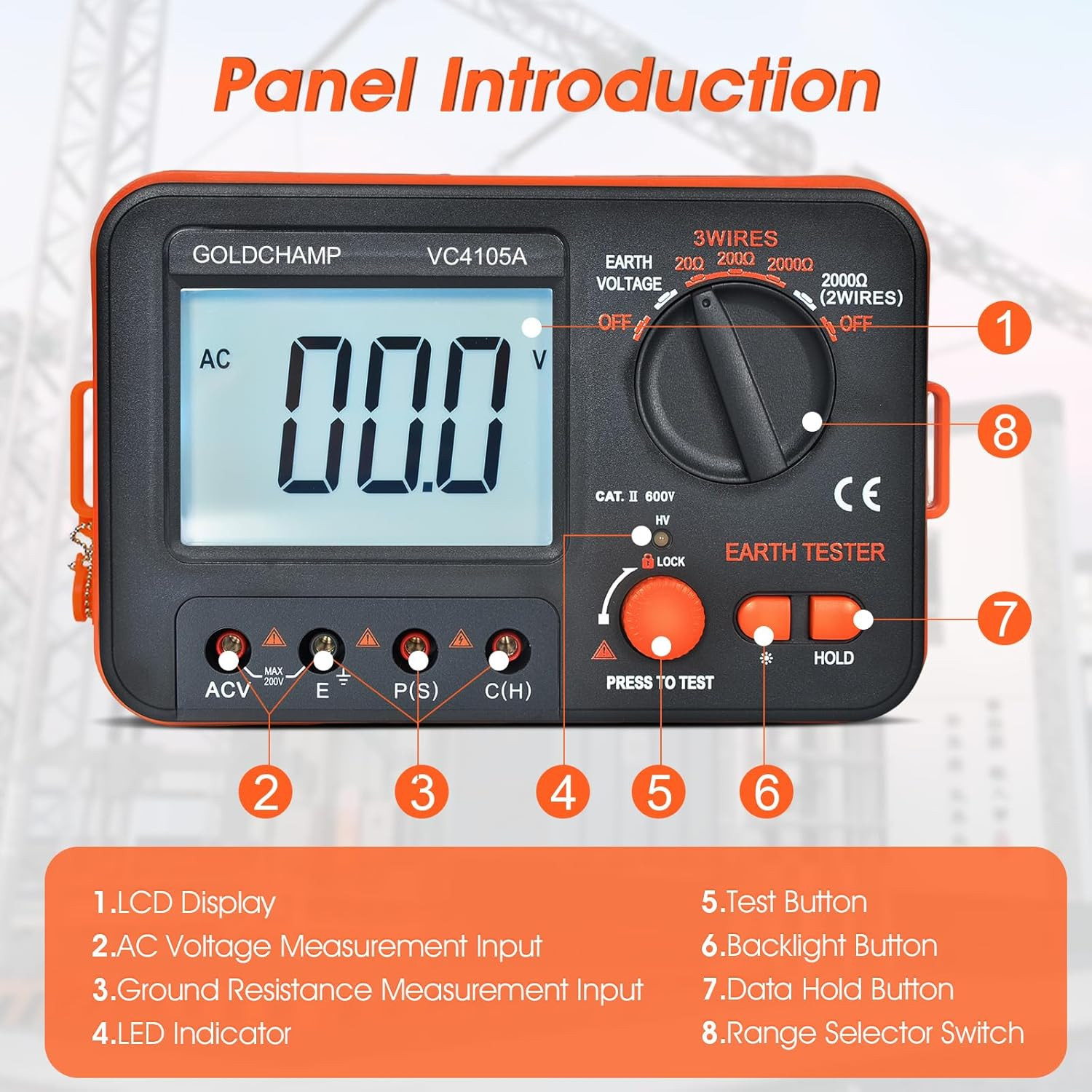 Professional Ground Earth Resistance Tester, 20/200/2000Ω Digital Meter with AC