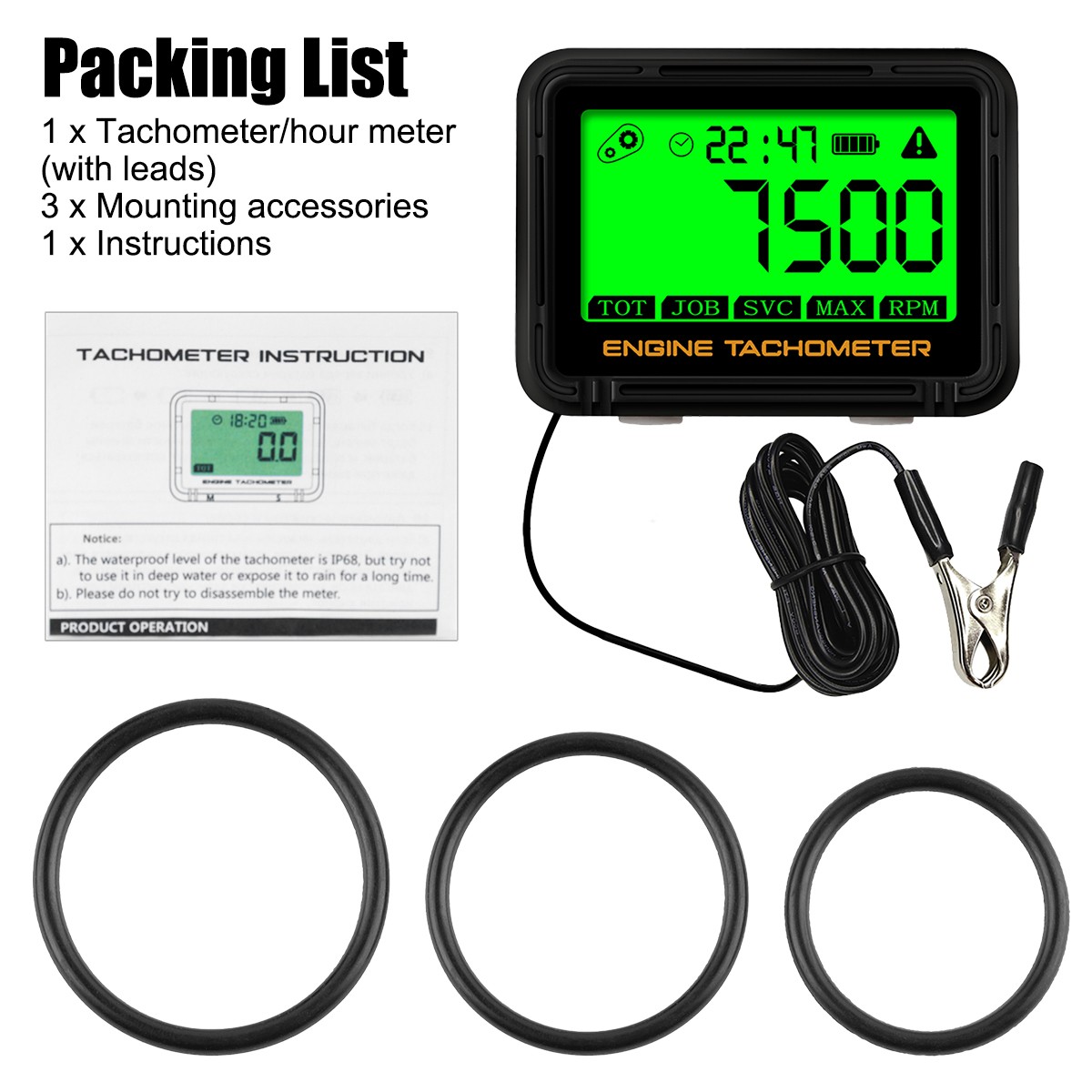 Digital Tachometer Hour Meter Waterproof IP68 RPM Alert 0-18000 LCD Backlight