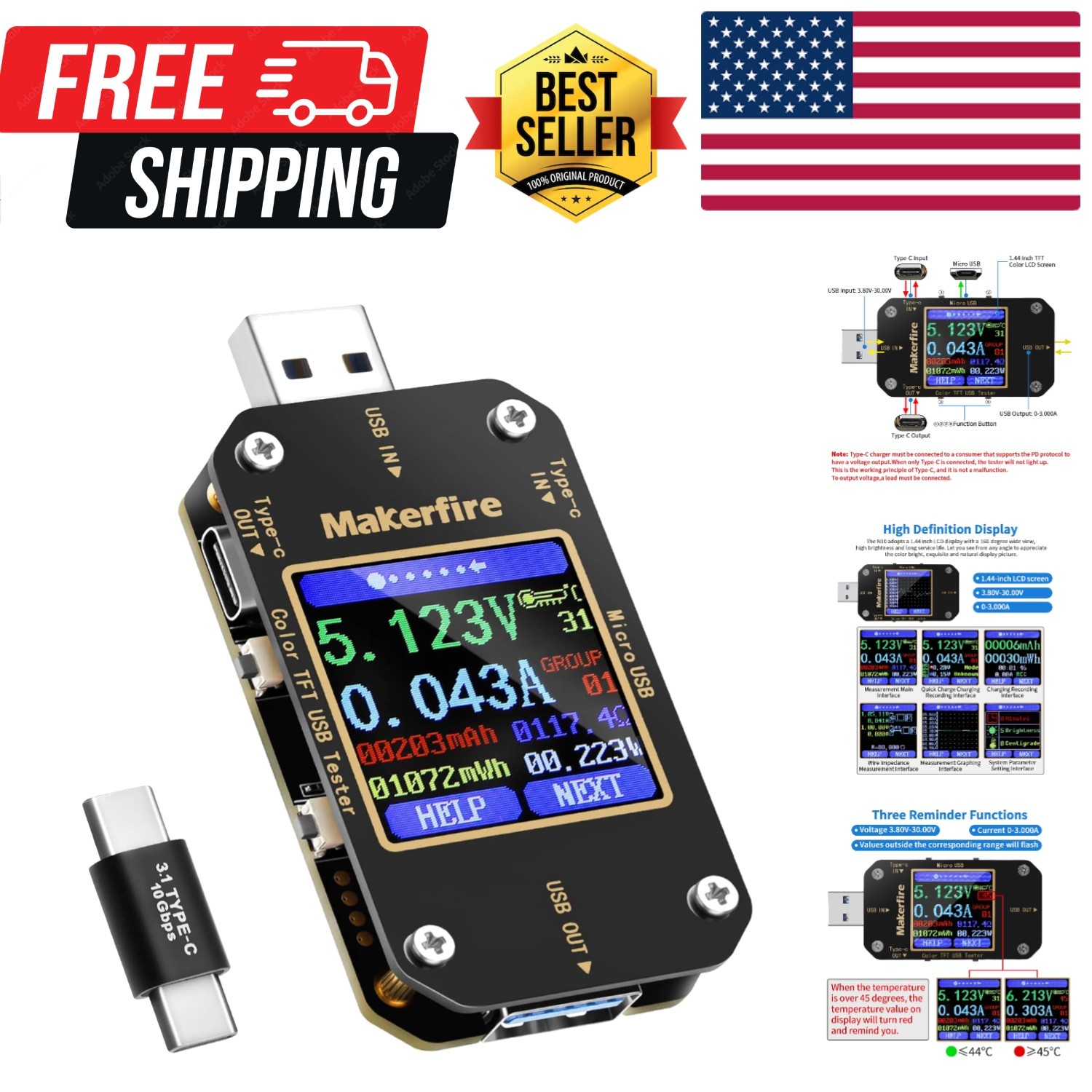 USB Multimeter USB Voltmeter Ammeter Load Tester USB Voltage Current PD Batte…