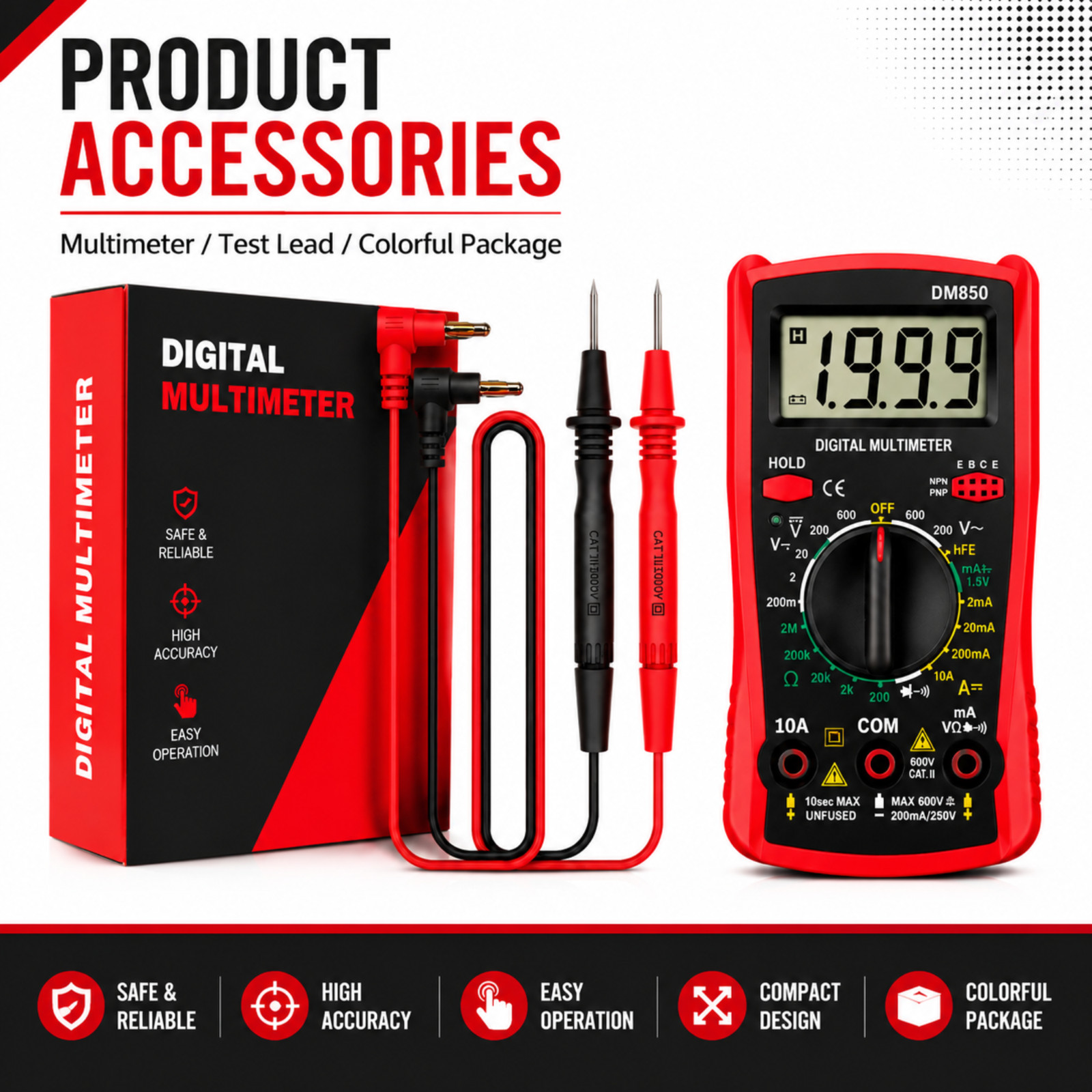 DM850 Professional Digital Multimeter 1999 Auto AC/DC Votage Tester Ohm Current