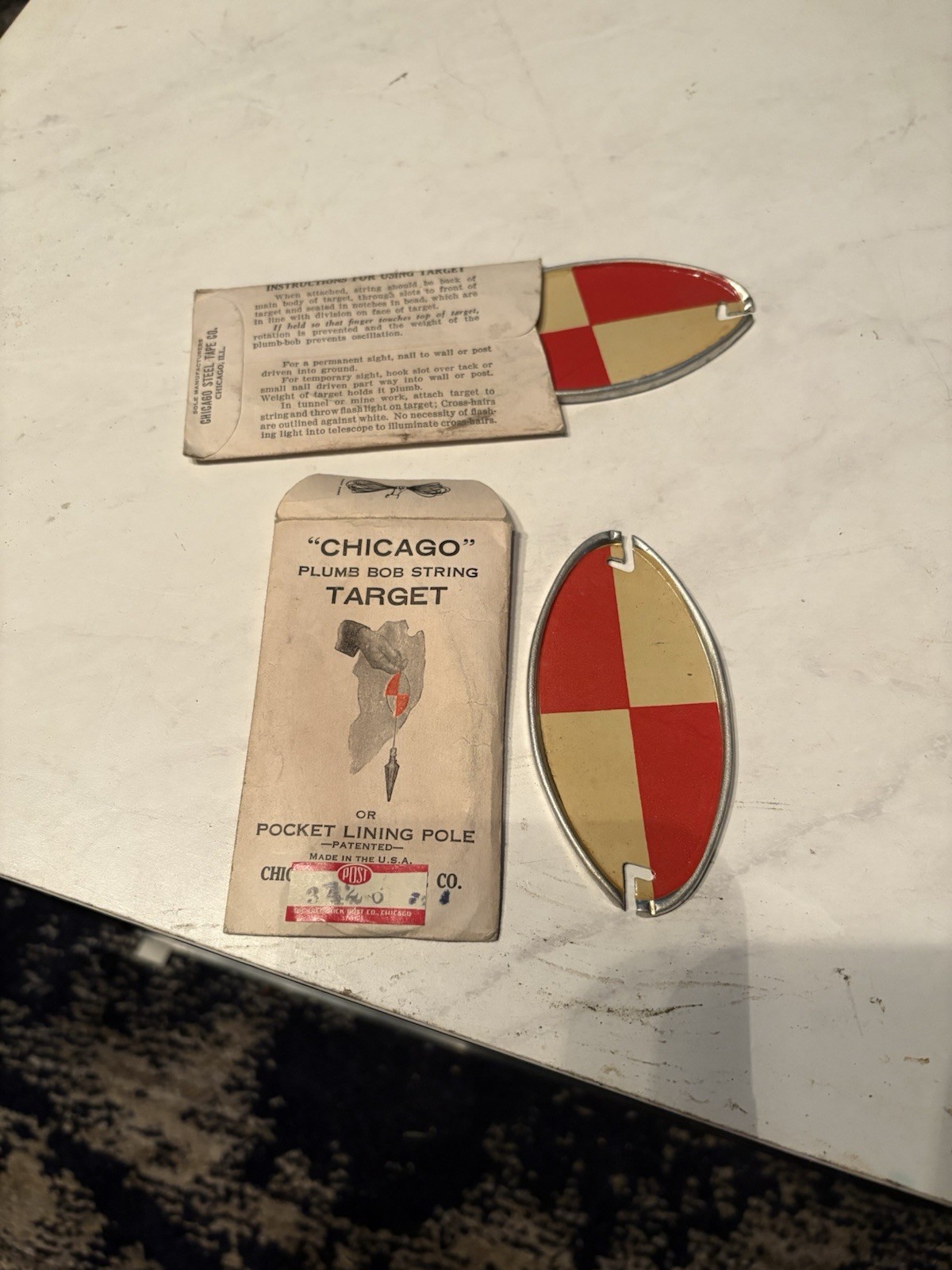 TWO Surveyor’s Chicago Steel Tape Co Plumb Bob String Target Pocket Lining Pole