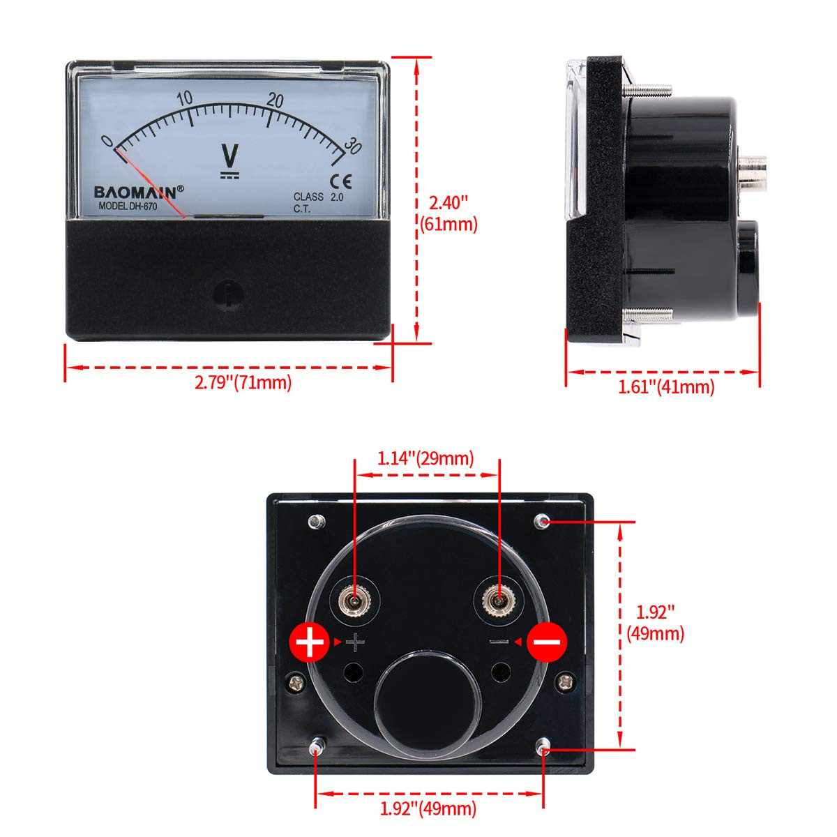 Voltmeter DH-670 DC 0-30V Rectangular Class 2.0 Analog Panel Volt