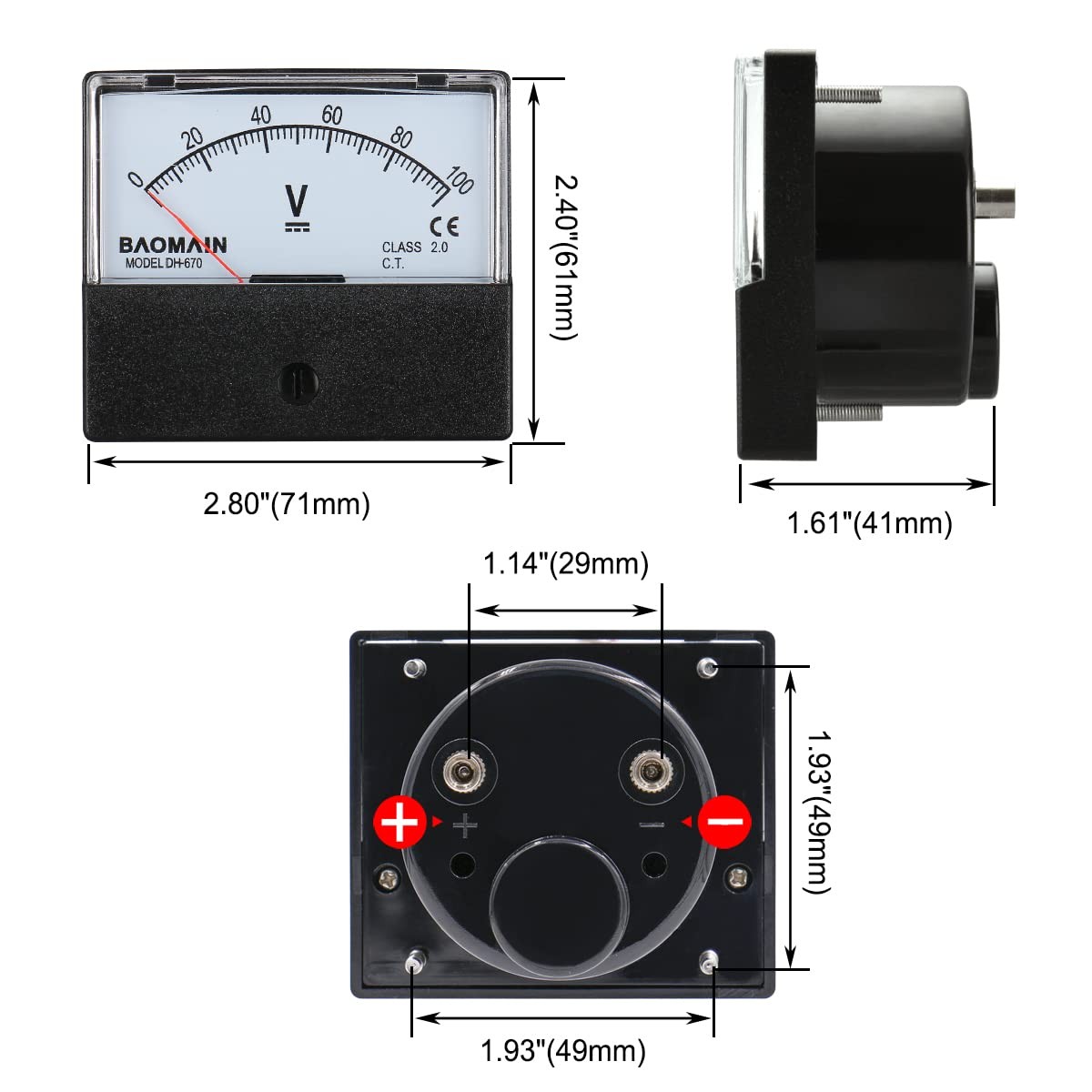 Baomain Voltmeter DH-670 DC 0-100V Rectangular Class 2.0 Analog Panel Volt…