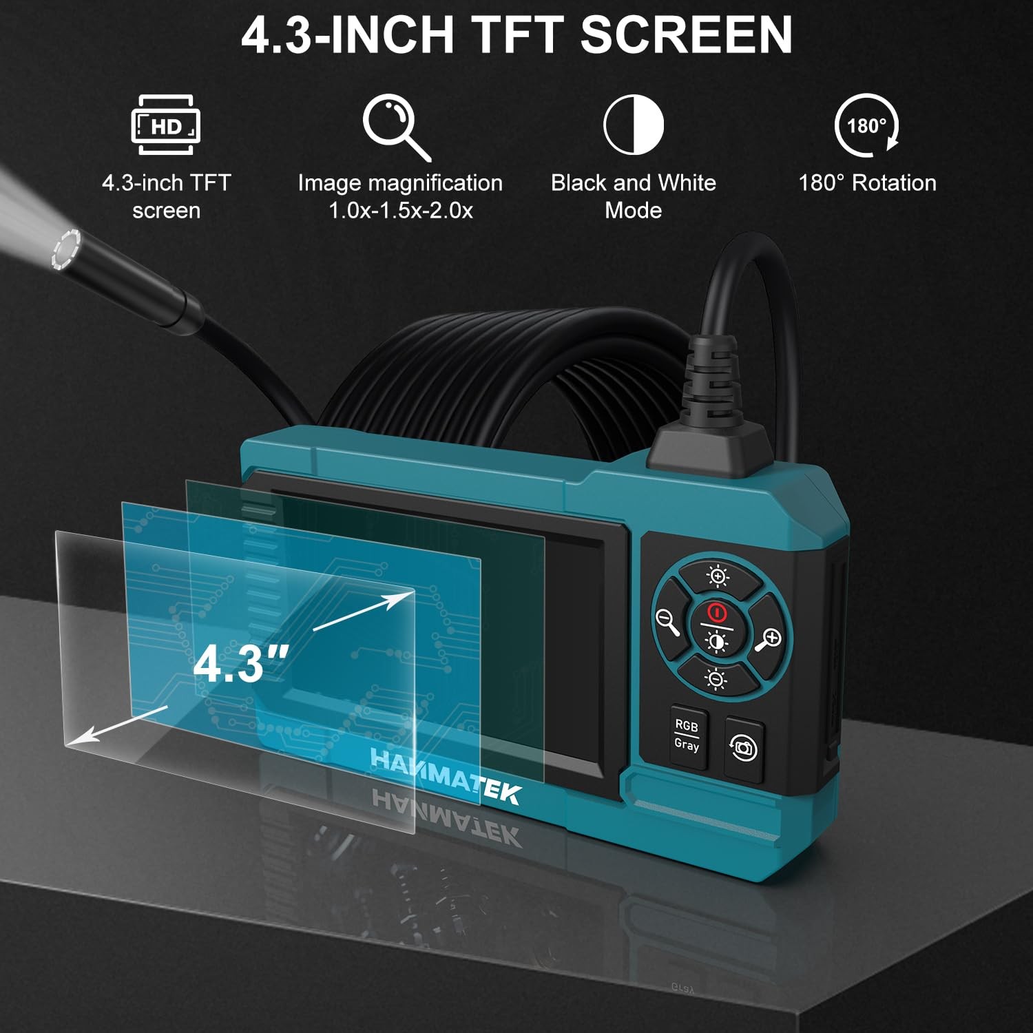 HANMATEK Industrial Endoscope, 4.3-Inch TFT Screen, 16.5ft Flexible turquoise