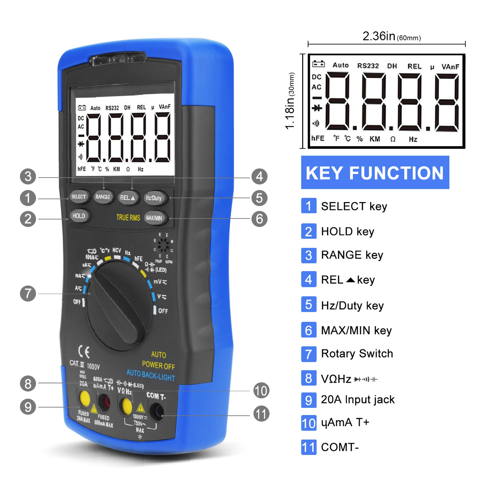 Digital Multimeter Voltmeter TRMS 6000 Count AC/DC NCV 750V/1000V 20A Ohm Tester