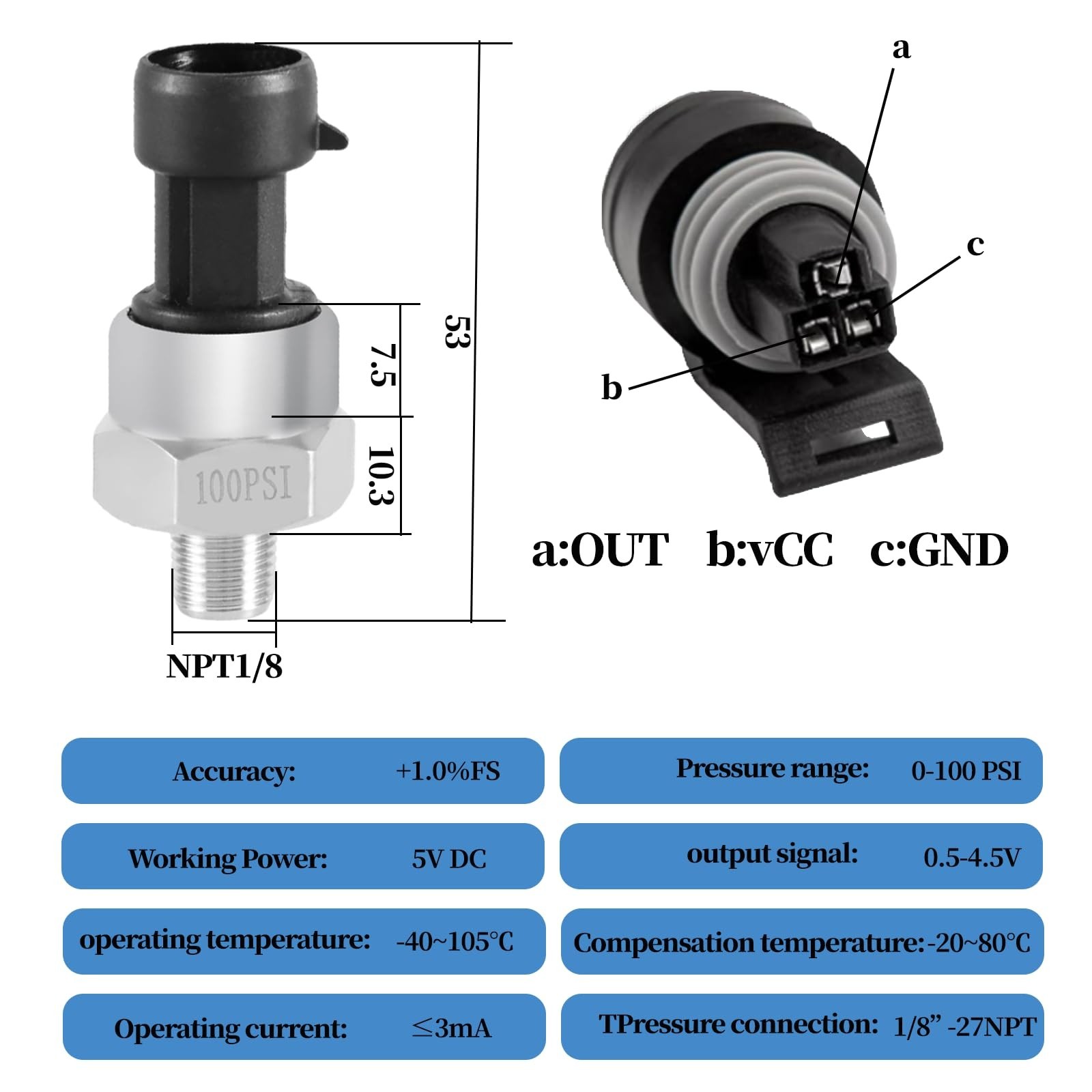100 PSI Fuel Pressure Sensor, Oil Fuel Pressure Transducer Sender with 1/8″-2…