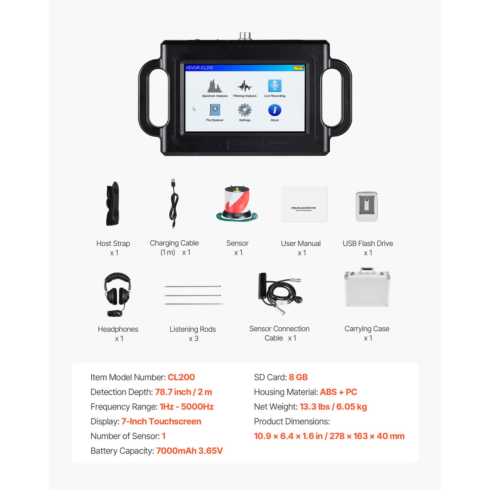 Uimoso Pipe Leak Detection Device 1Hz-5000Hz 7″ Touchscreen Locator