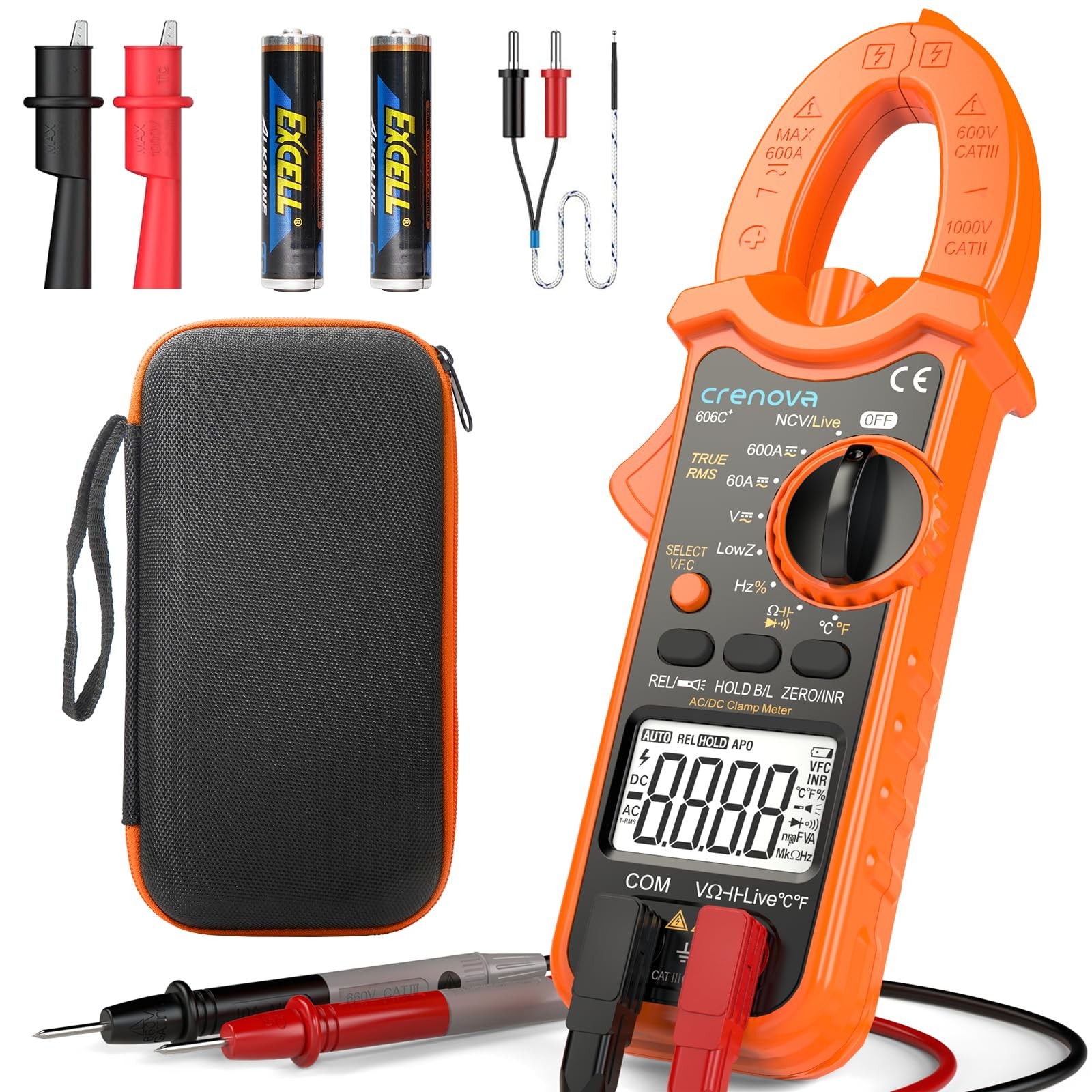 Crenova Clamp Meter Multimeter 600A AC/DC 6000Counts TRMS Electrical Orange