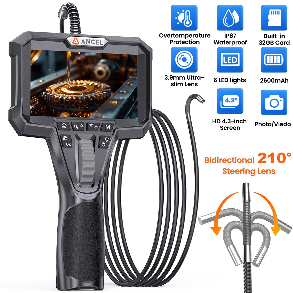 4.3inch 2-Way 210° Articulating Borescope Industrial Endoscope Inspection Camera