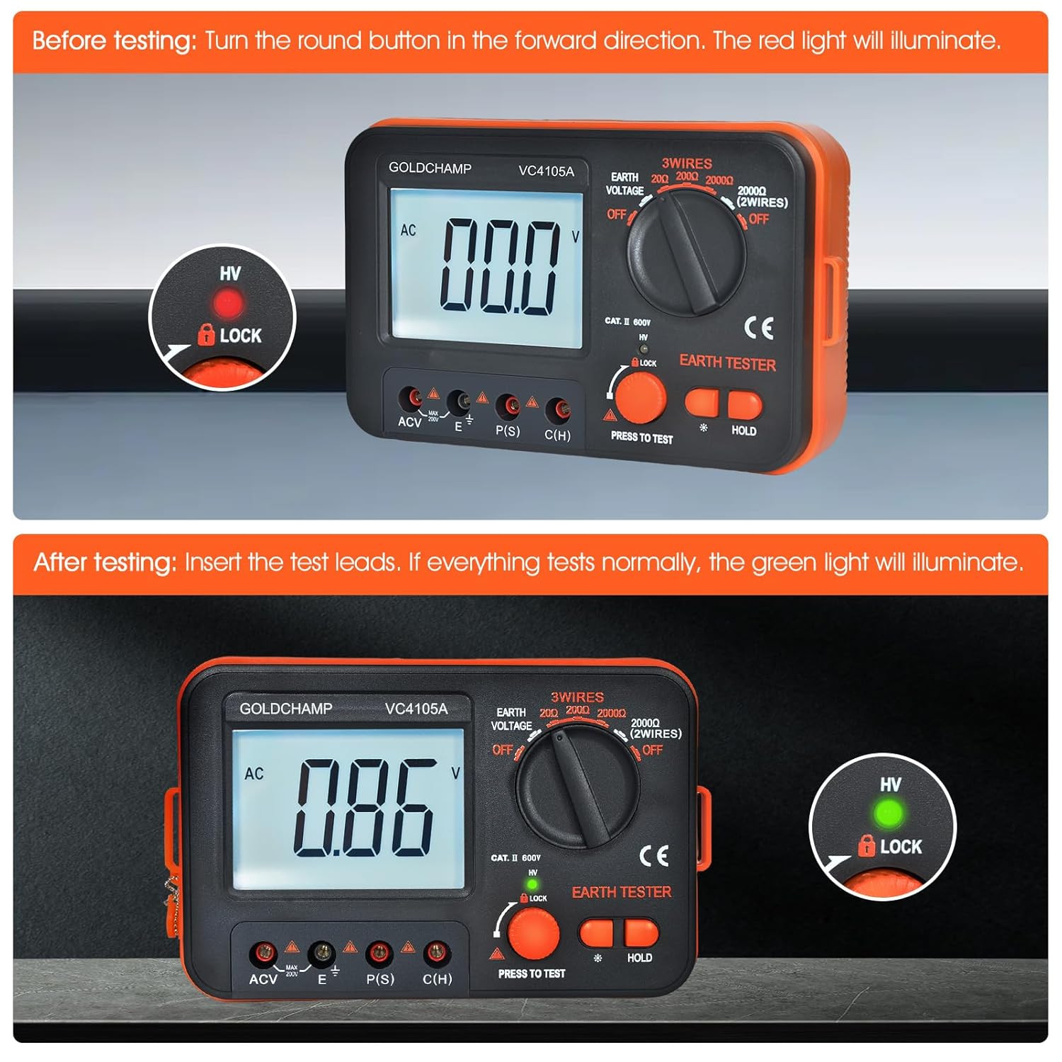 Professional Ground Earth Resistance Tester, 20/200/2000Ω Digital Meter with AC