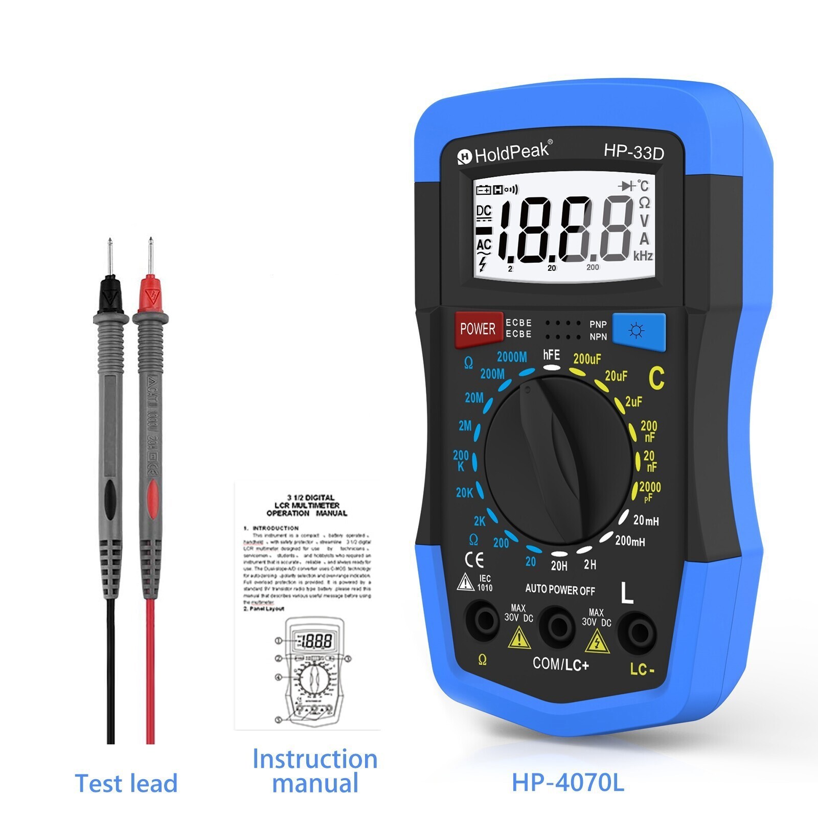 Digital Multimeter 2000pF~200uF Capacitance Inductance hFE Tester Ohm Meter Tool