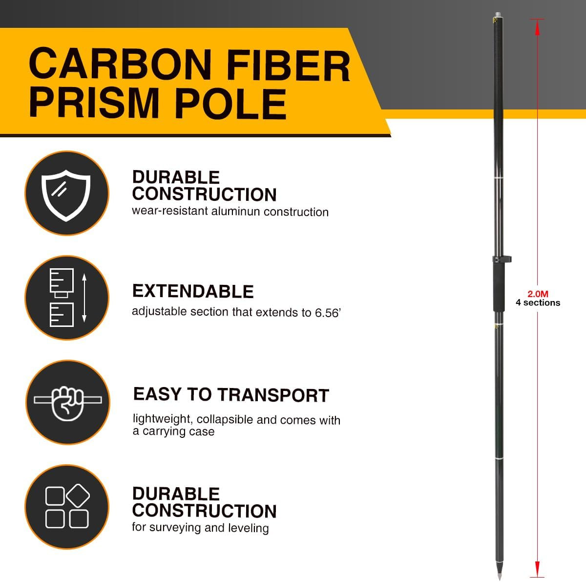 Carbon Fiber GPS Pole, 6.6FT Surveying Prism Pole, 4 Sections GPS Rover Rod, 2M
