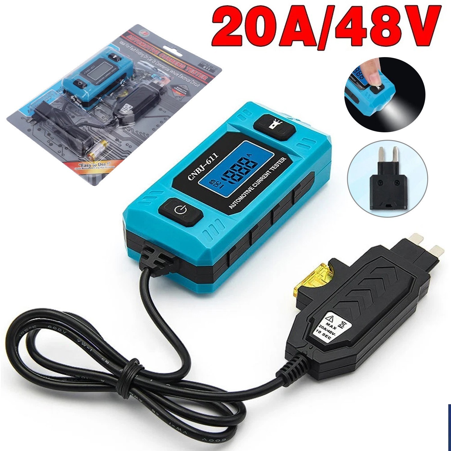 Car Circuit Tester Fuse Tester Automotive Current Tester Blade Fuse 20A Max 48V