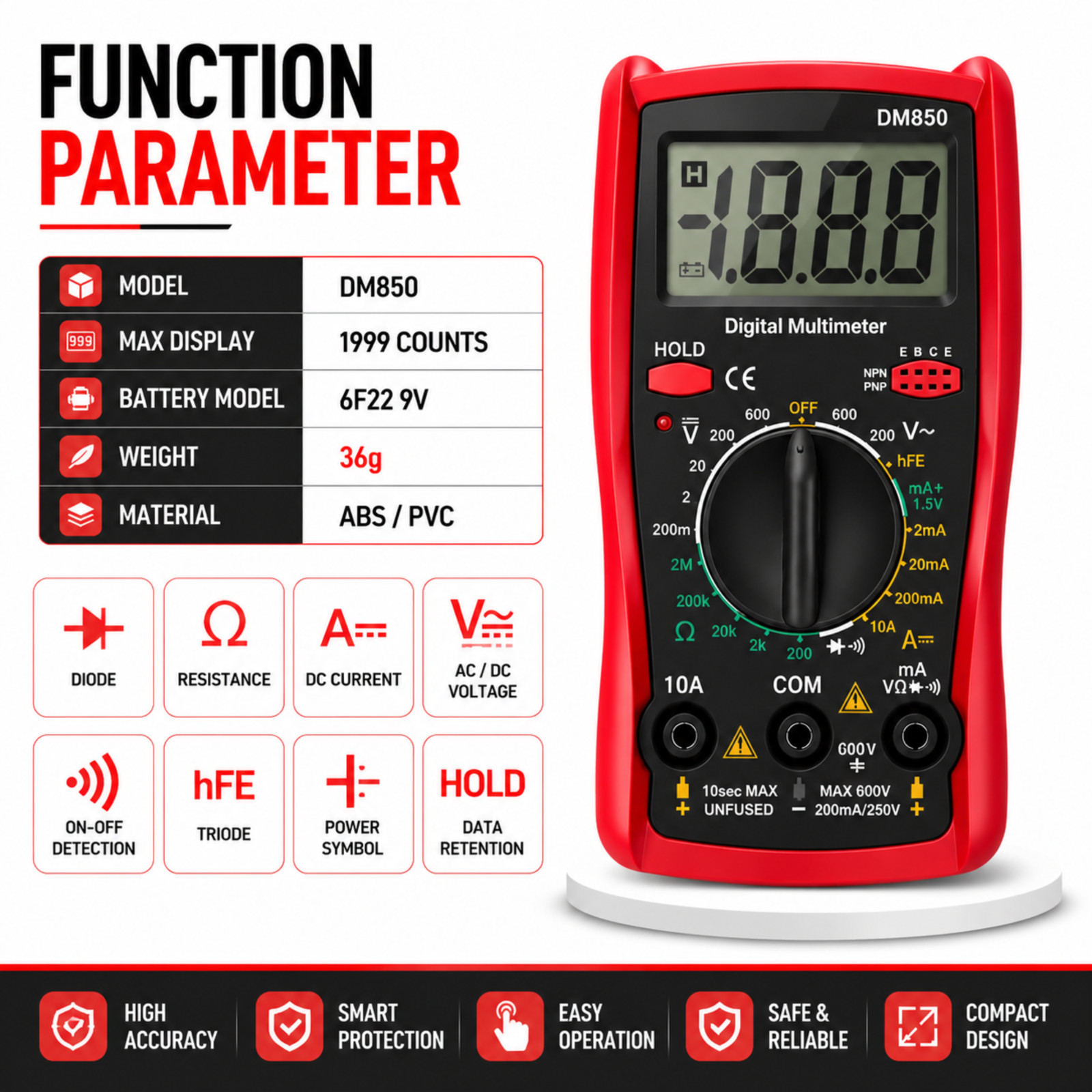 DM850 Professional Digital Multimeter 1999 Auto AC/DC Votage Tester Ohm Current