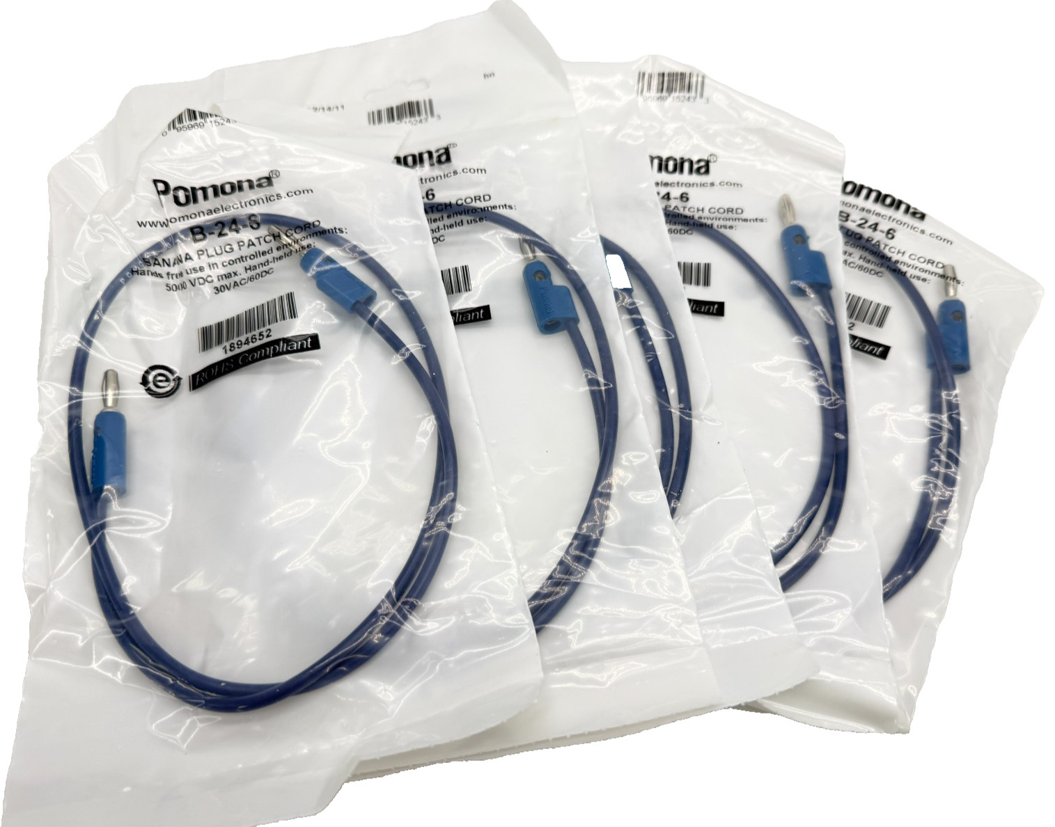 Lot of 5x Pomona B-24-6 Banana Plug Patch Cord Stackable 24″ Long 15A 5kV BLUE