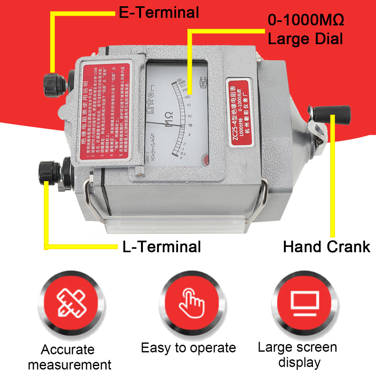 0-1000MΩ Insulation Resistance Tester 1000V Megger Meter Megohmmeter Hand-Crank