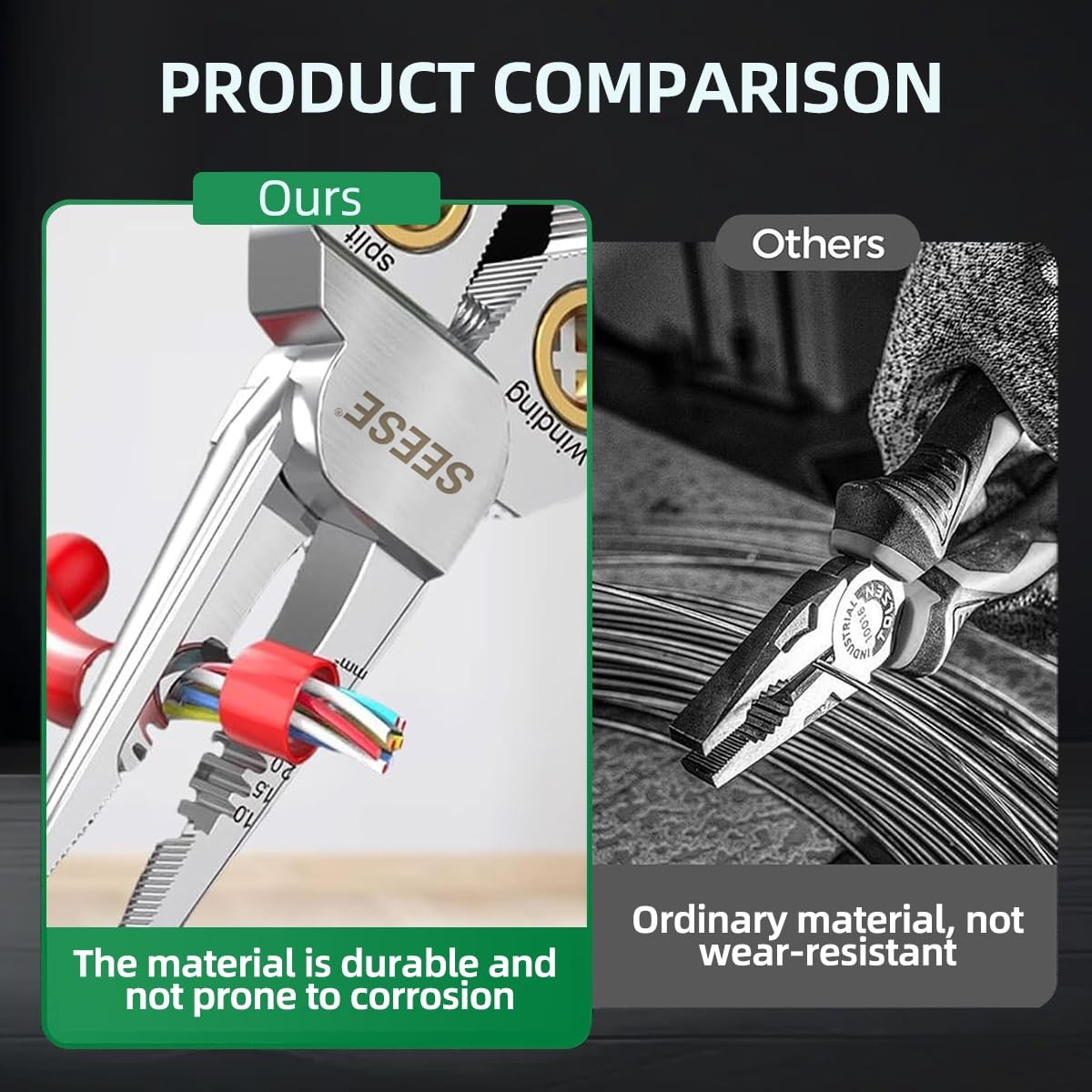 SEESE 8-in-1 Wire Stripper for Electrician: Needle Nose Pliers with Green