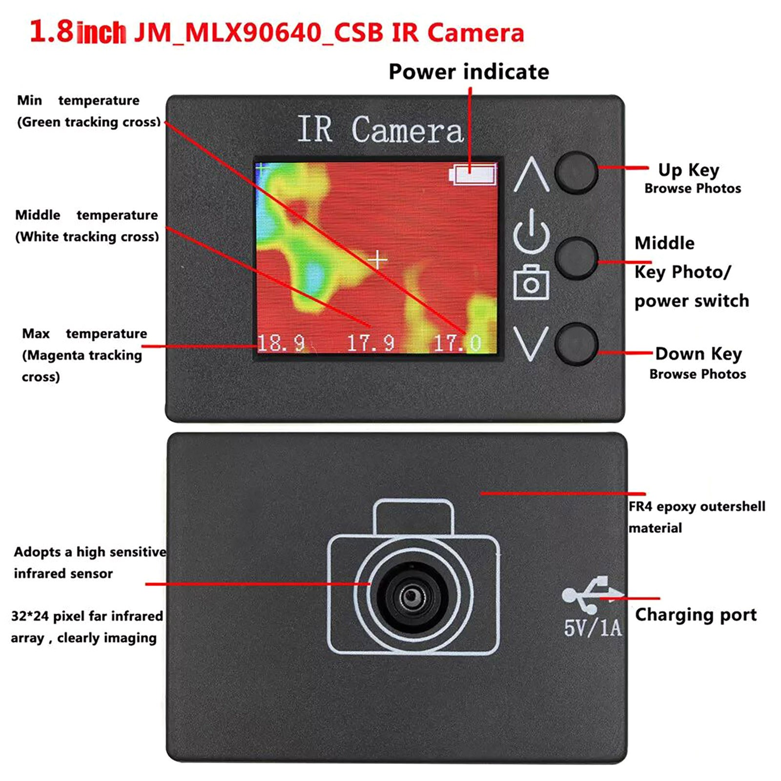MLX90640 Handheld Digital Infrared Thermal Temperature Imager Camera Heating