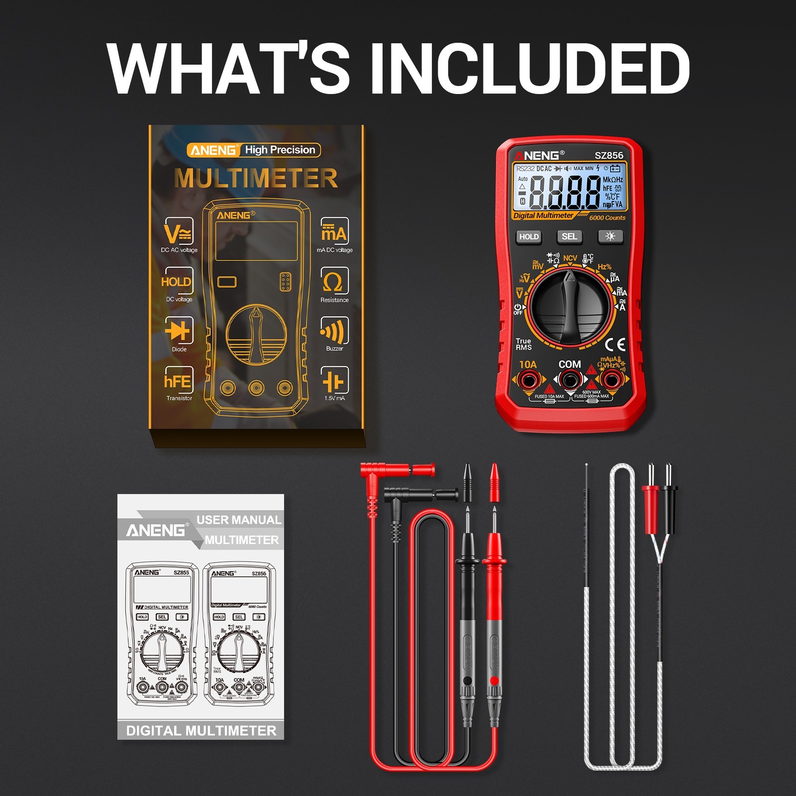 ANENG SZ856 True RMS Digital Multimeter 6000 Counts AC DC Voltage Amp Ohm Tester