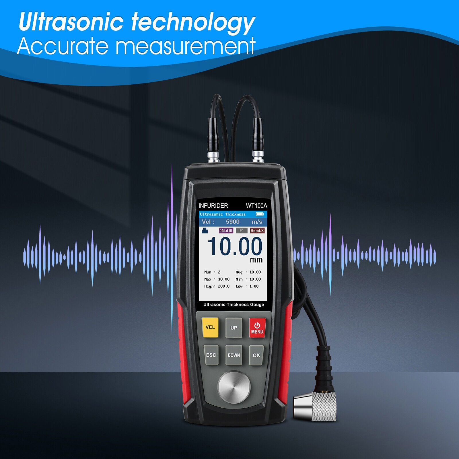 Digital Ultrasonic Thickness Gauge Meter Tester 1-300mm Tool for Metal Cast Iron