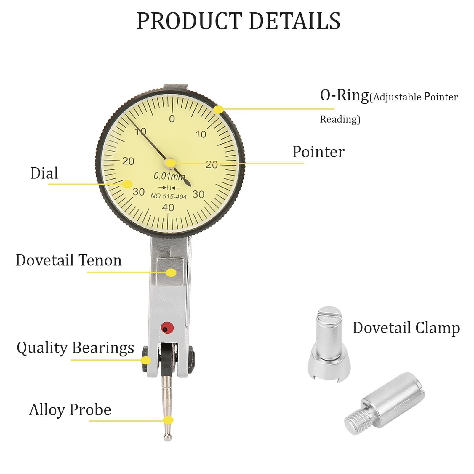Dial Test Indicator, 0-0.8mm 0.01mm Indicator with Dovetail Clamp…