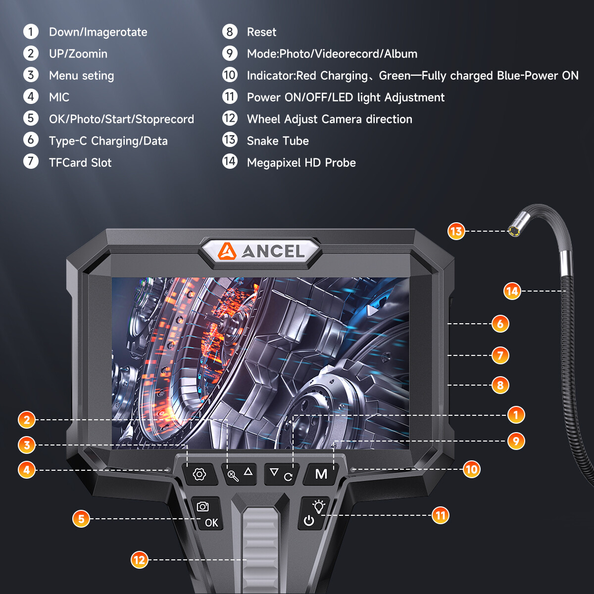 ANCEL AN303 3.9MM Borescope Camera 210° Inspection Camera with Screen 4.3inch
