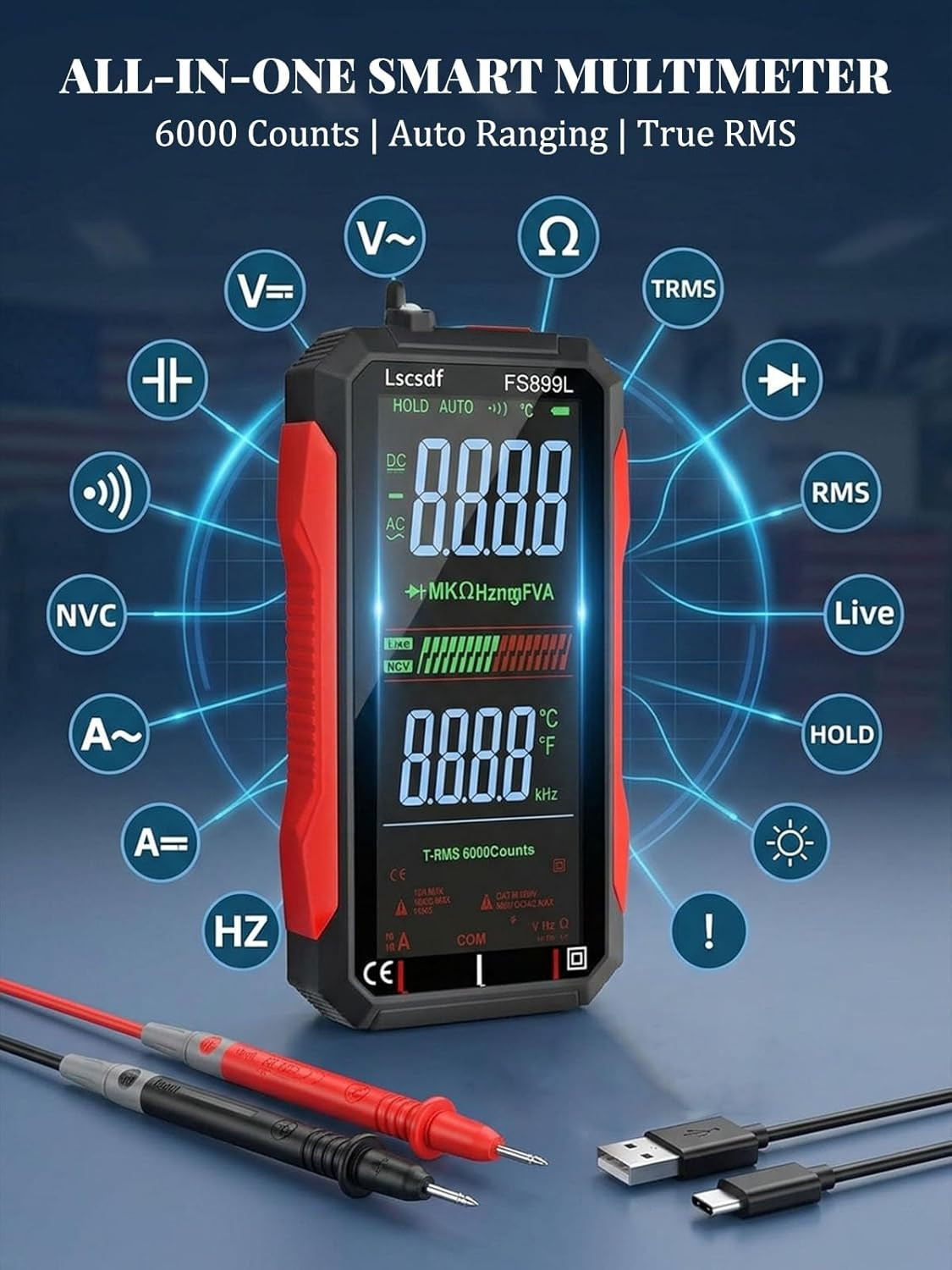 USB Rechargeable Digital Multimeter 6000 Counts Large Color Screen & Backlight F