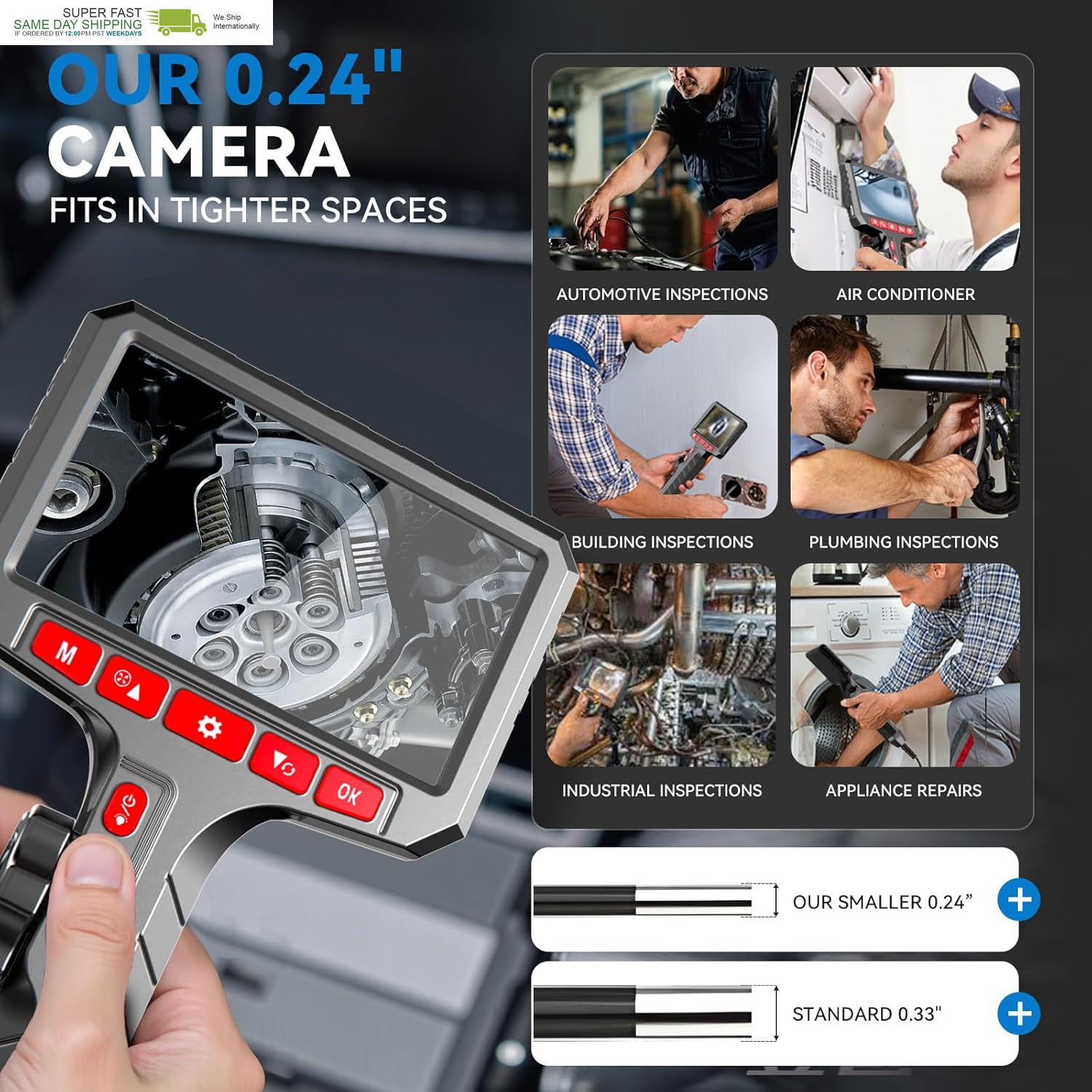 360° Flexible Eorescopes Camera with Light, Inspection Endoscope, 0.24-Inch Prob