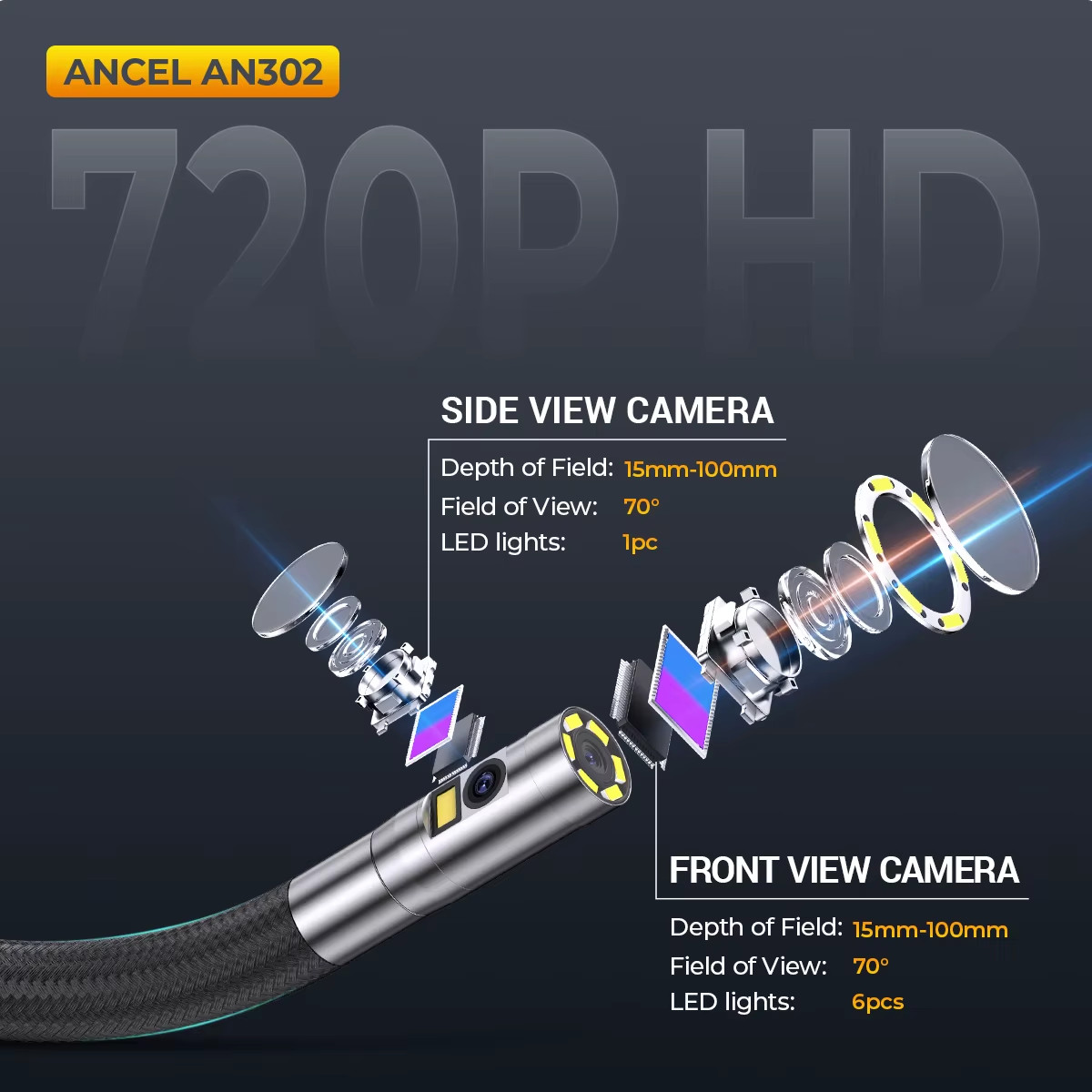 ANCEL AN302 4.3 Inch Industrial Endoscope Camera 2-Way Articulating Borescope