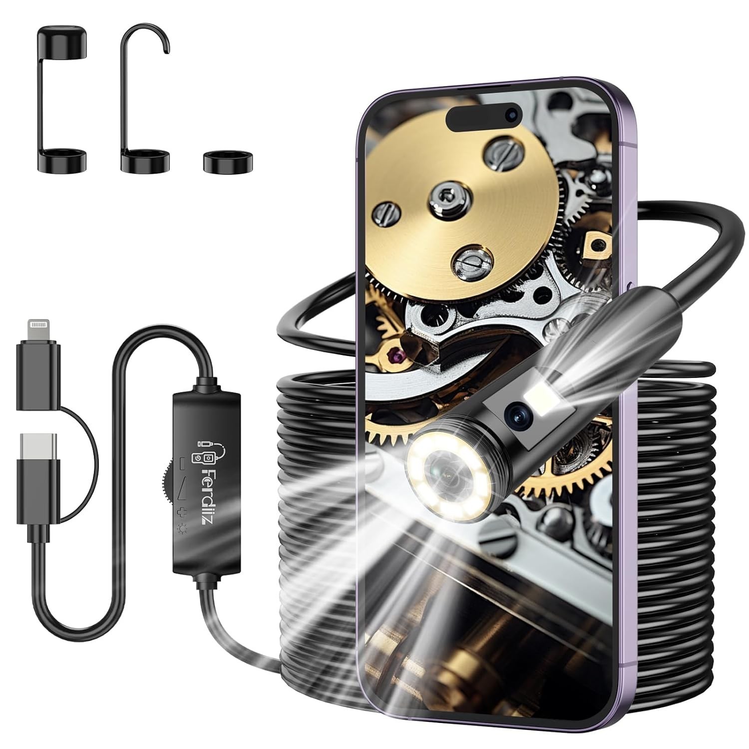 Dual Lens Endoscope Camera -1920P HD Borescope with 8 LED Lights for iOS/Android