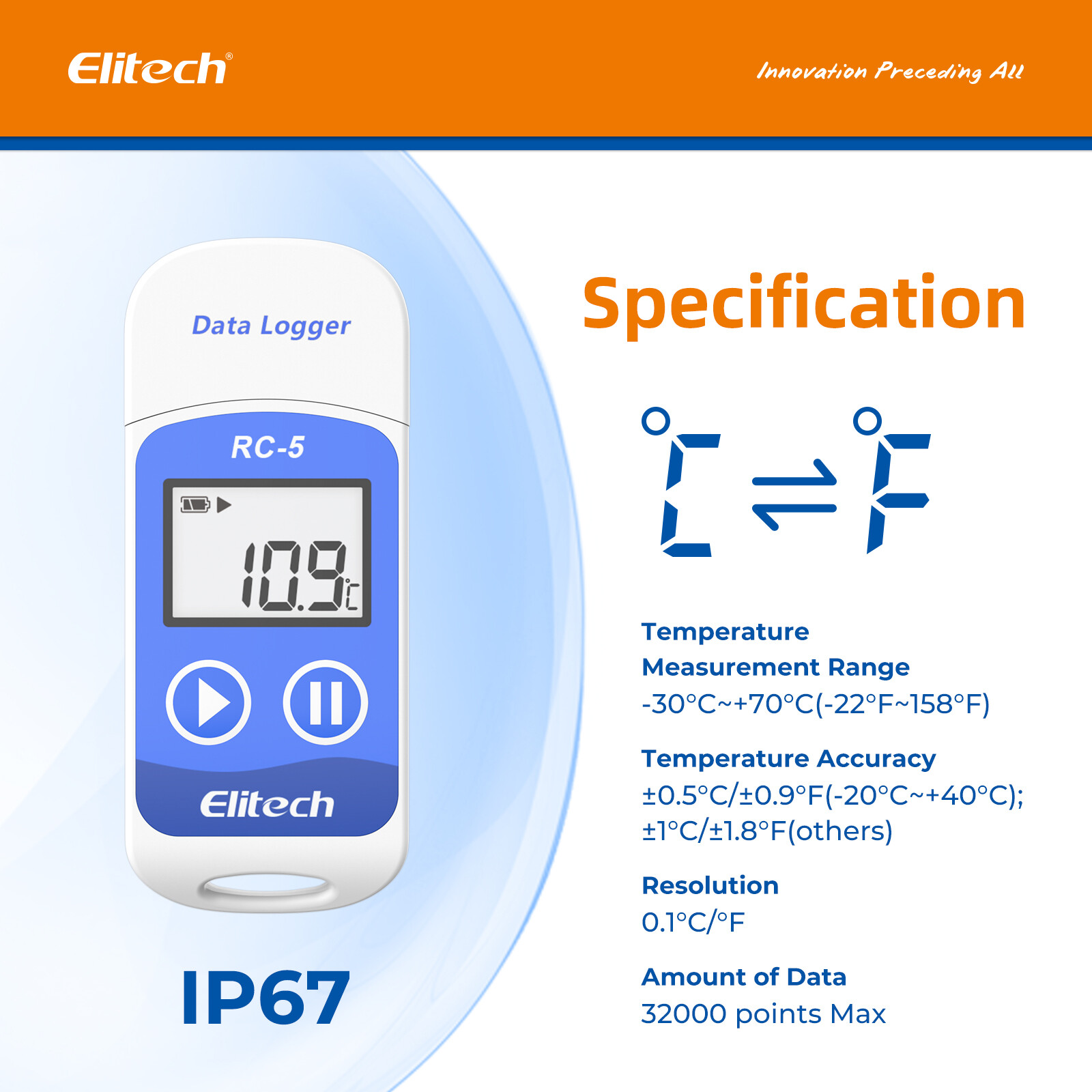 Elitech RC-5 USB Reusable Temperature Data logger Temp Recorder with PDF Report