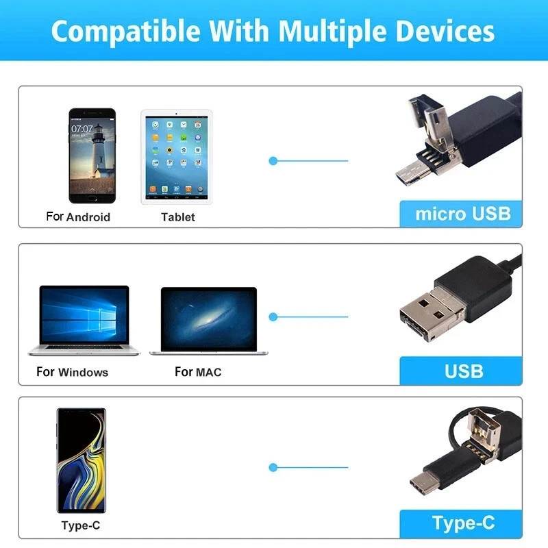 USB Type-C Endoscope Borescope Snake Inspection Camera 3 in 1 for PC Android
