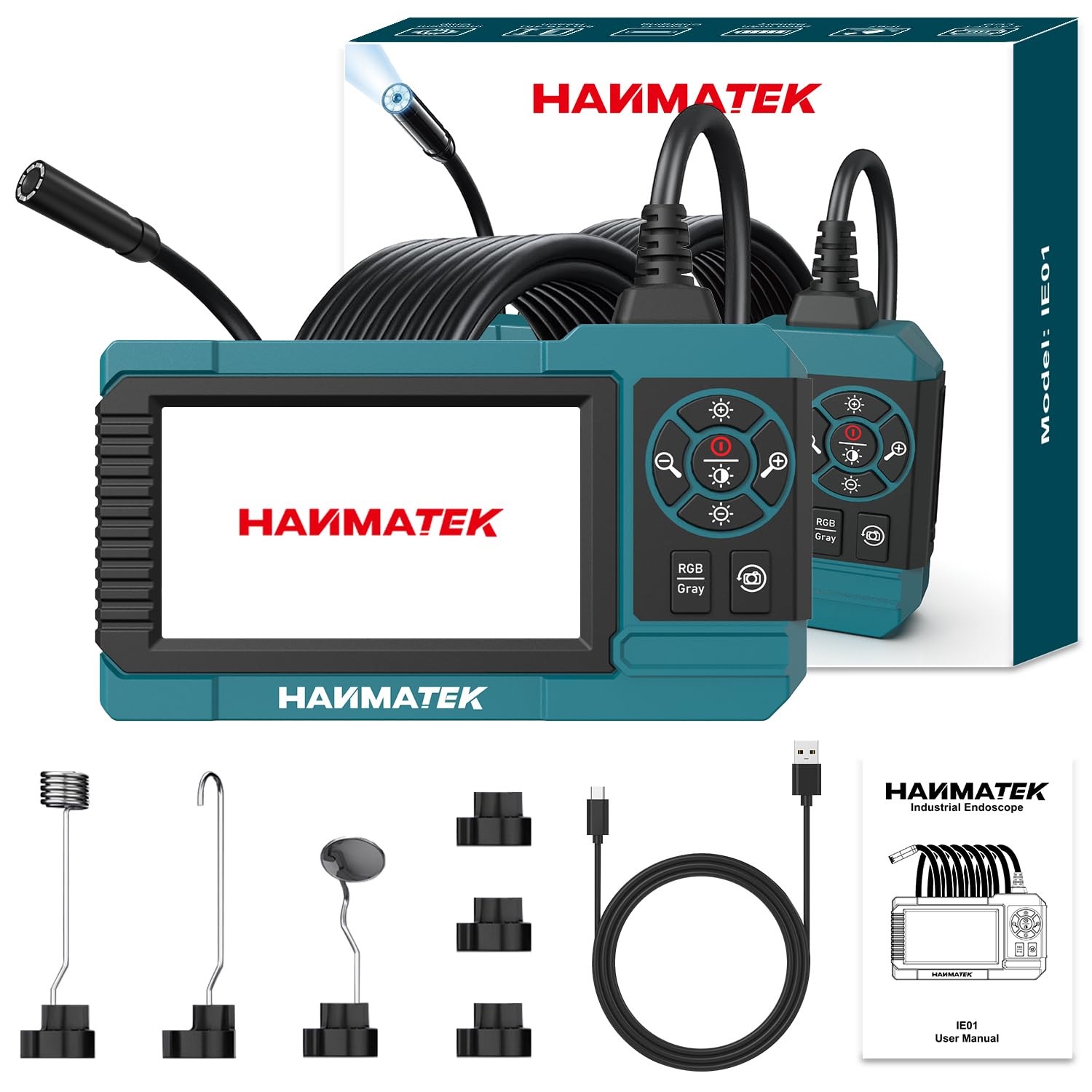 HANMATEK Industrial Endoscope, 4.3-Inch TFT Screen, 16.5ft Flexible turquoise