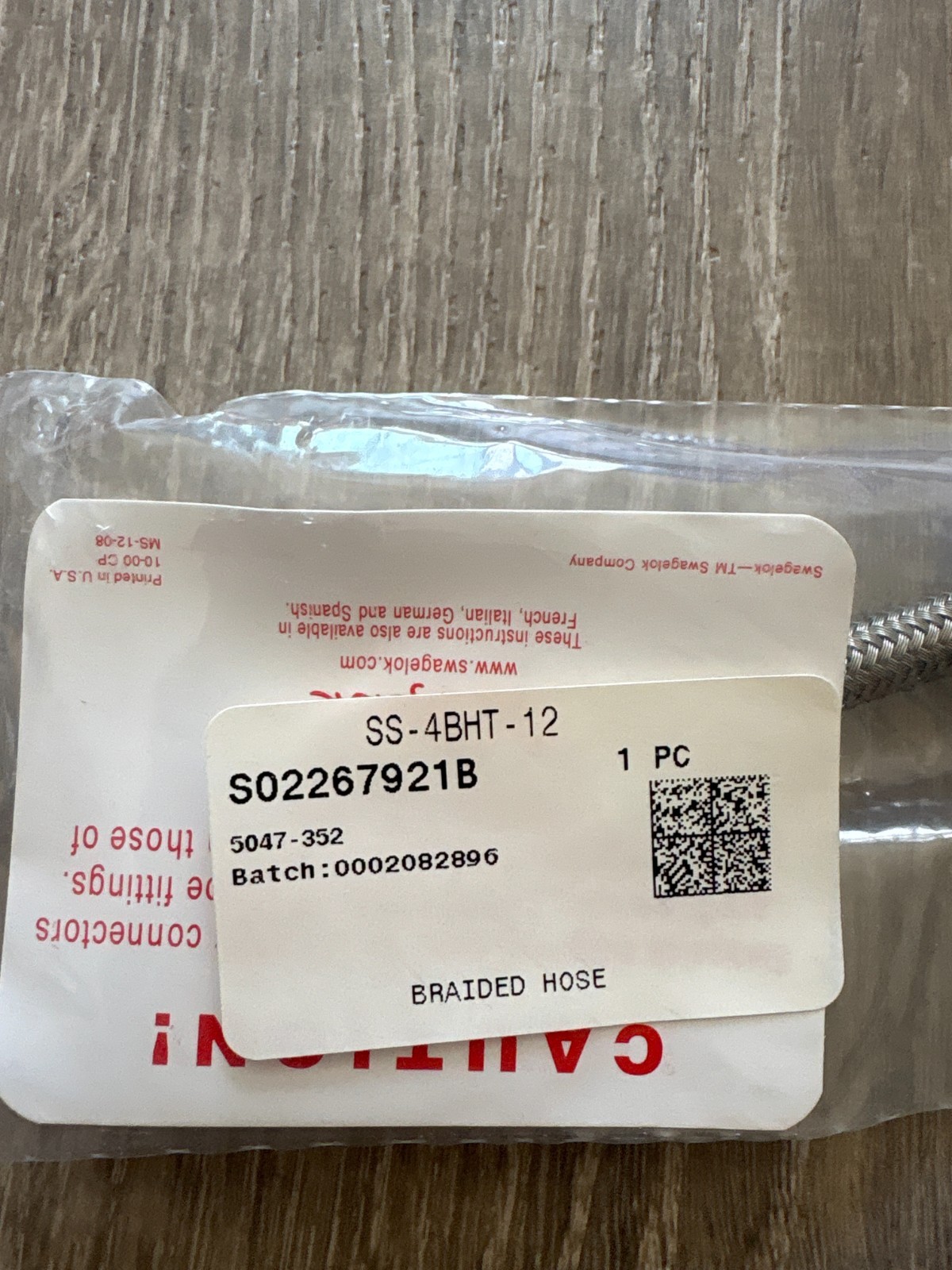 Swagelok SS-4BHT-12 PTFE-Lined Stainless Steel Hose 1/4 in