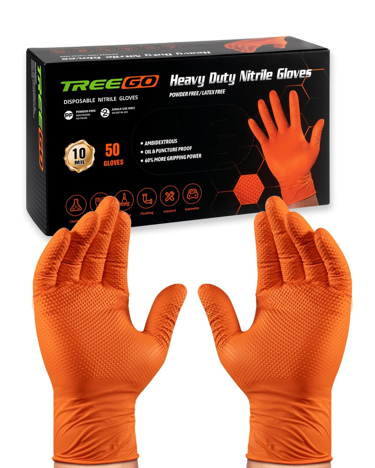 TREEGO 10 Mil Nitrile Gloves XL – Heavy Duty Orange Gloves with Double Diamon…