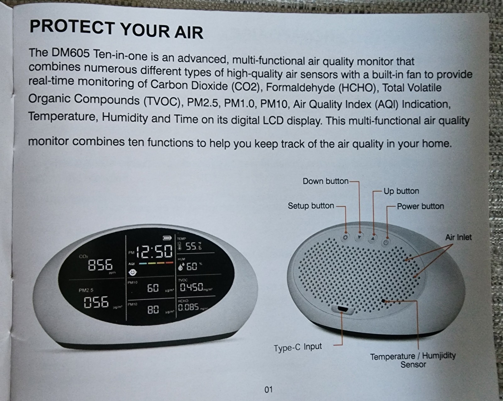 12-in-1 Air Quality Monitor CO2 TVOC HCHO PM2.5 PM10 Temperature Humidity USB