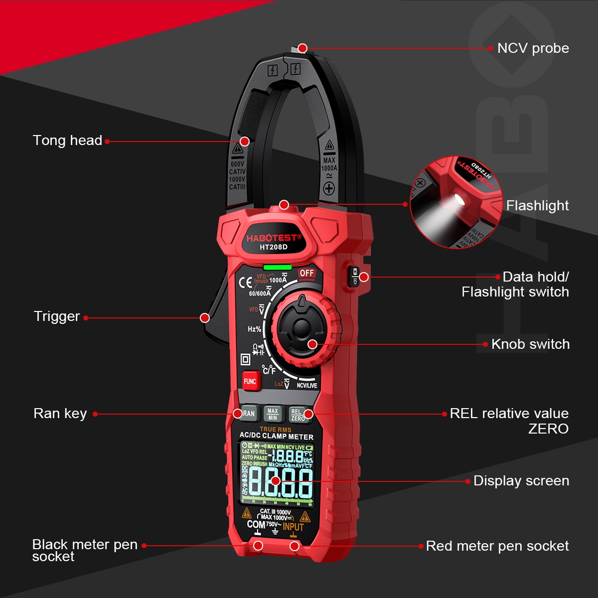 HABOTEST HT208A Handheld Clamp Meter Volt Am Ohm NCV DC AC MAX 1000V True RMS