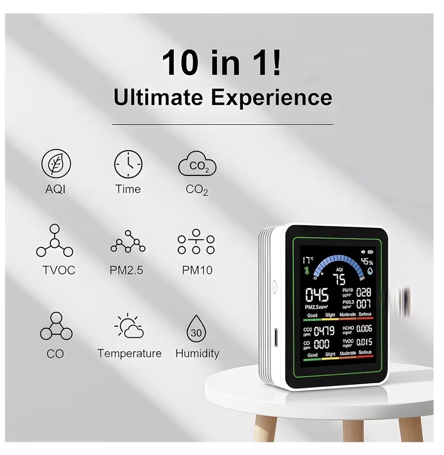 Air Quality Monitor Indoor 10 in 1 Portable Smartair Quality Tester for CO2 CO