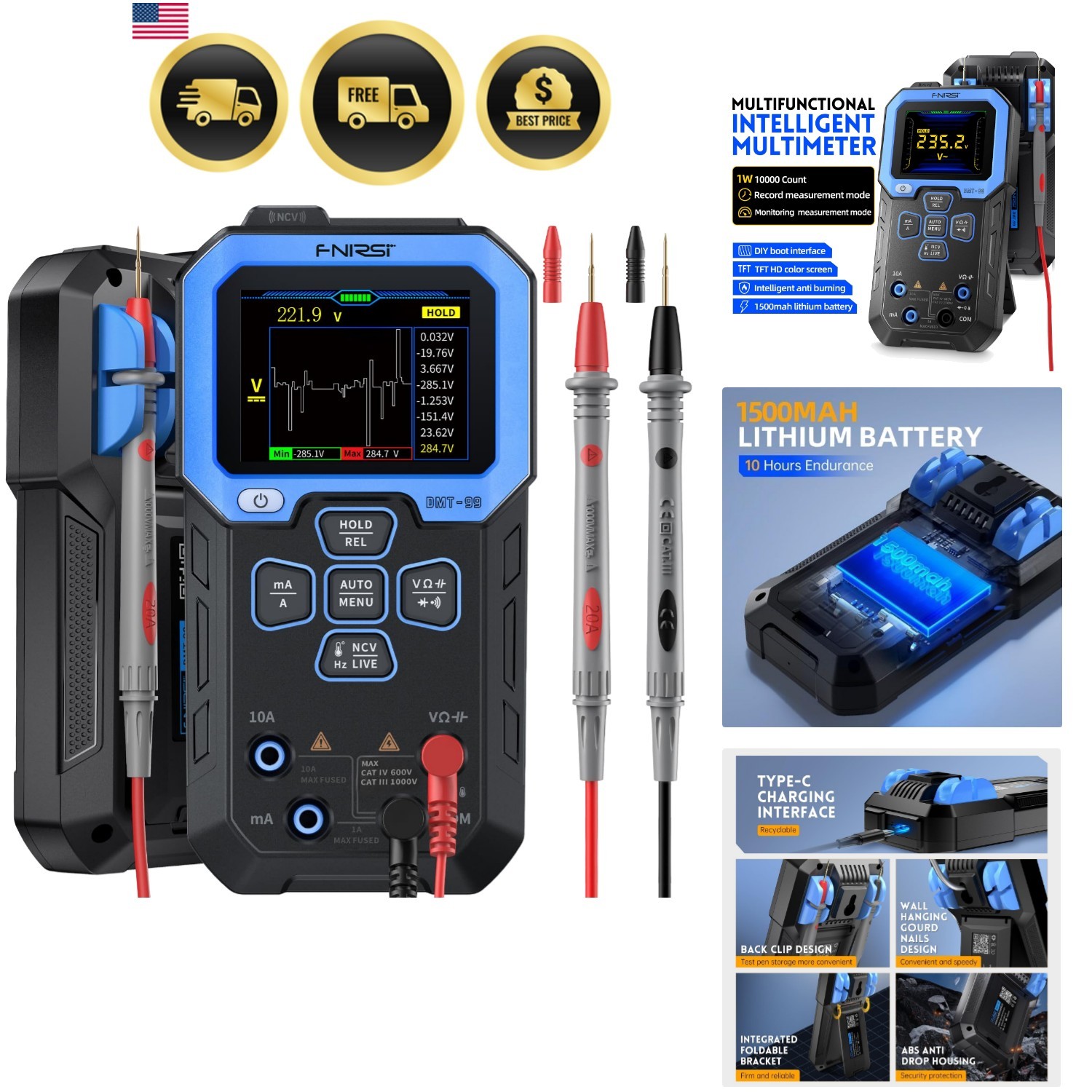 DMT-99 Digital Multimeter 9999 Counts TRMS, Rechargeable Auto-Ranging Volt Me…
