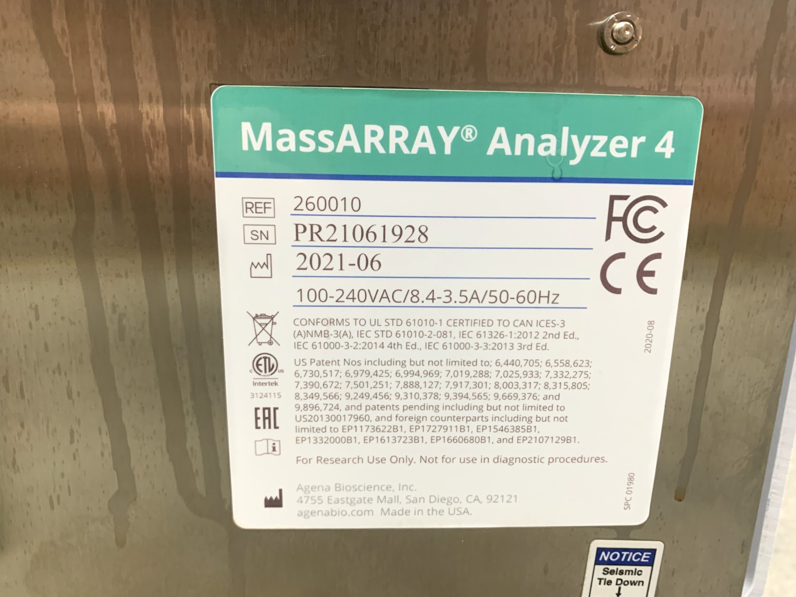 Agena Mass Array Analyzer 4 W/Chill Prep Module 100-240VAC Power Tested